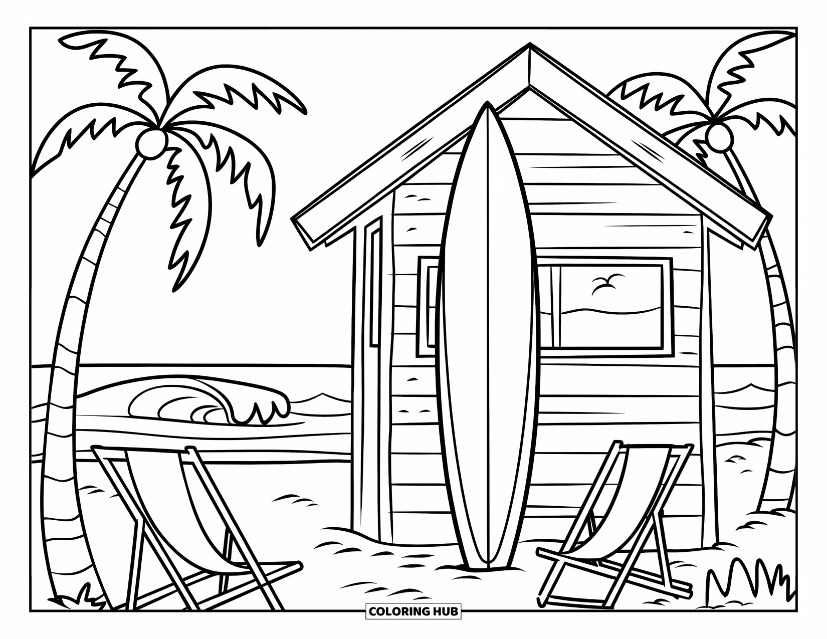Surfplank Kleurplaat voor Kinderen: Een surfplank rustend op een strandhut met palmbomen en golven eromheen