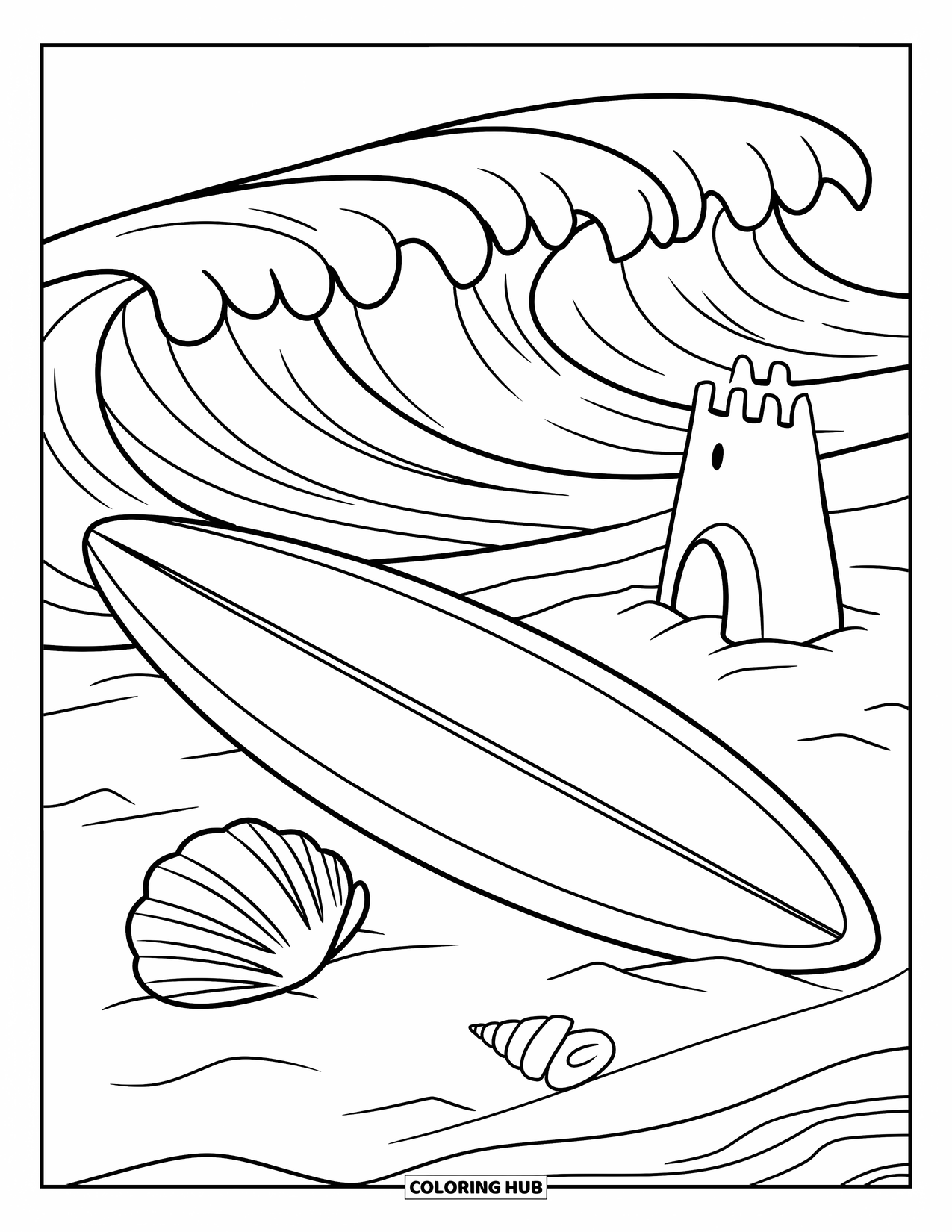 Surfplank Kleurplaat voor Kinderen: Een surfplank rustend op het zand met schelpen en een klein zandkasteel