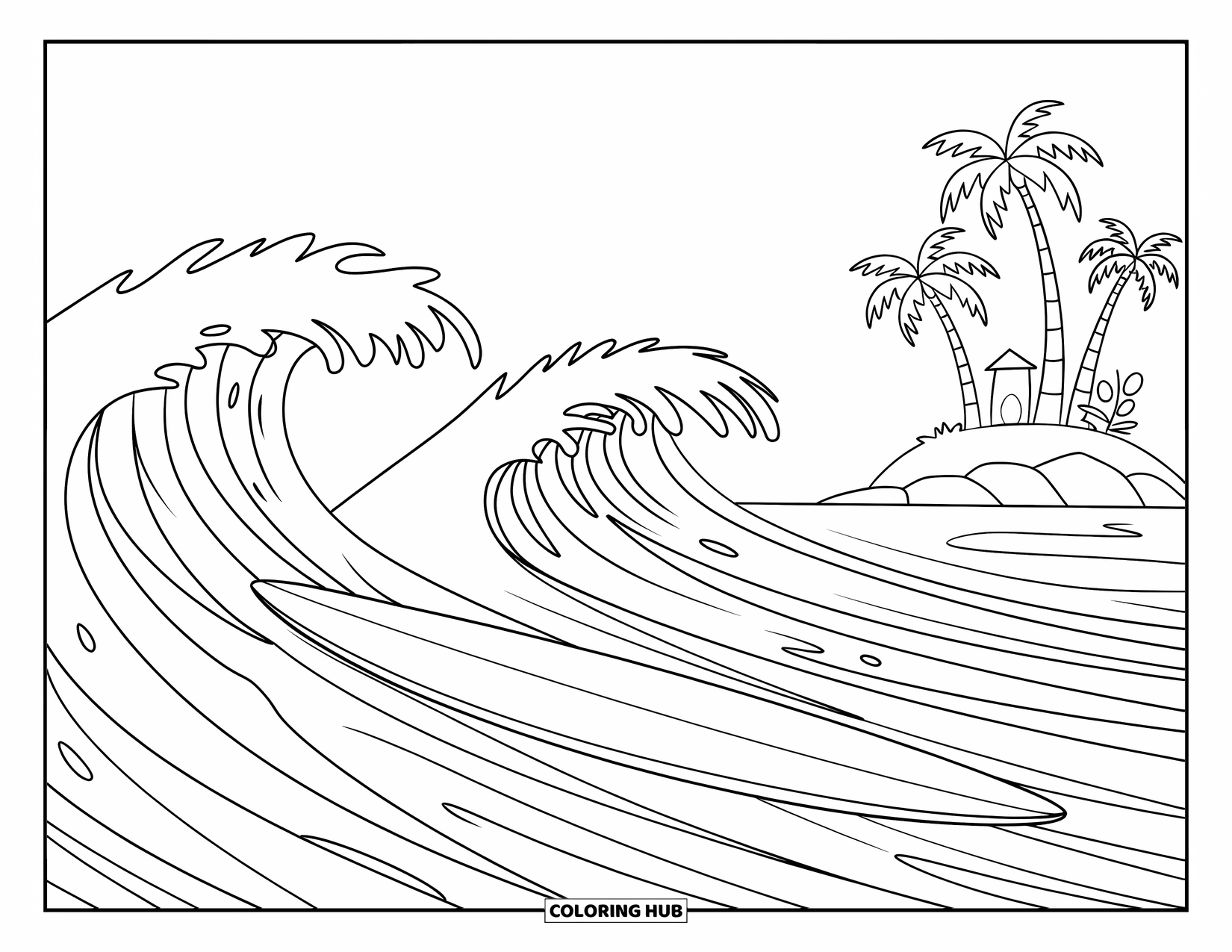 Surfplank Kleurplaat voor Kinderen: Een surfplank die op golven rijdt met palmbomen en een tropisch eiland in de buurt