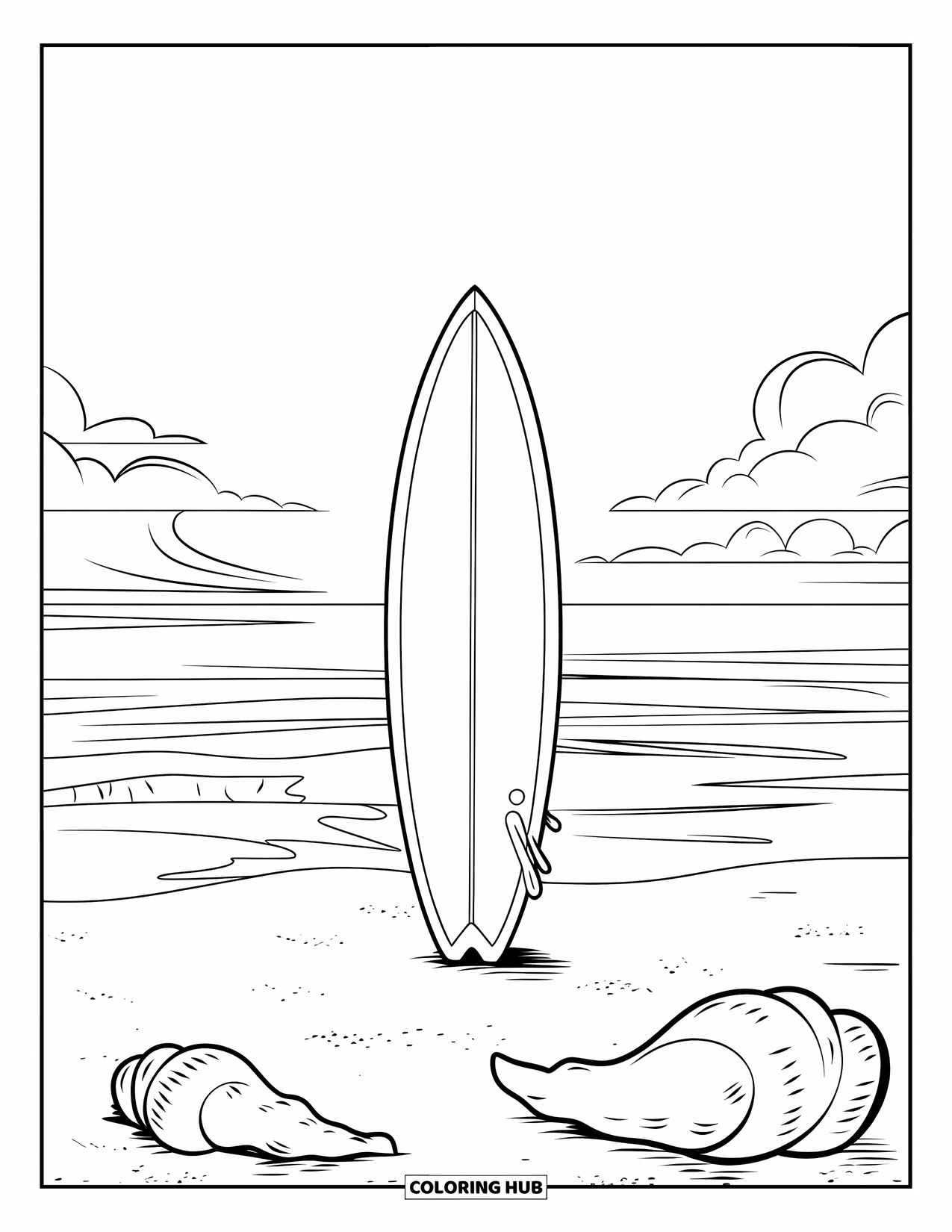 Surfplank Kleurplaat voor Kinderen: Een surfplank staand in het zand met schelpen en oceaangolven erachter