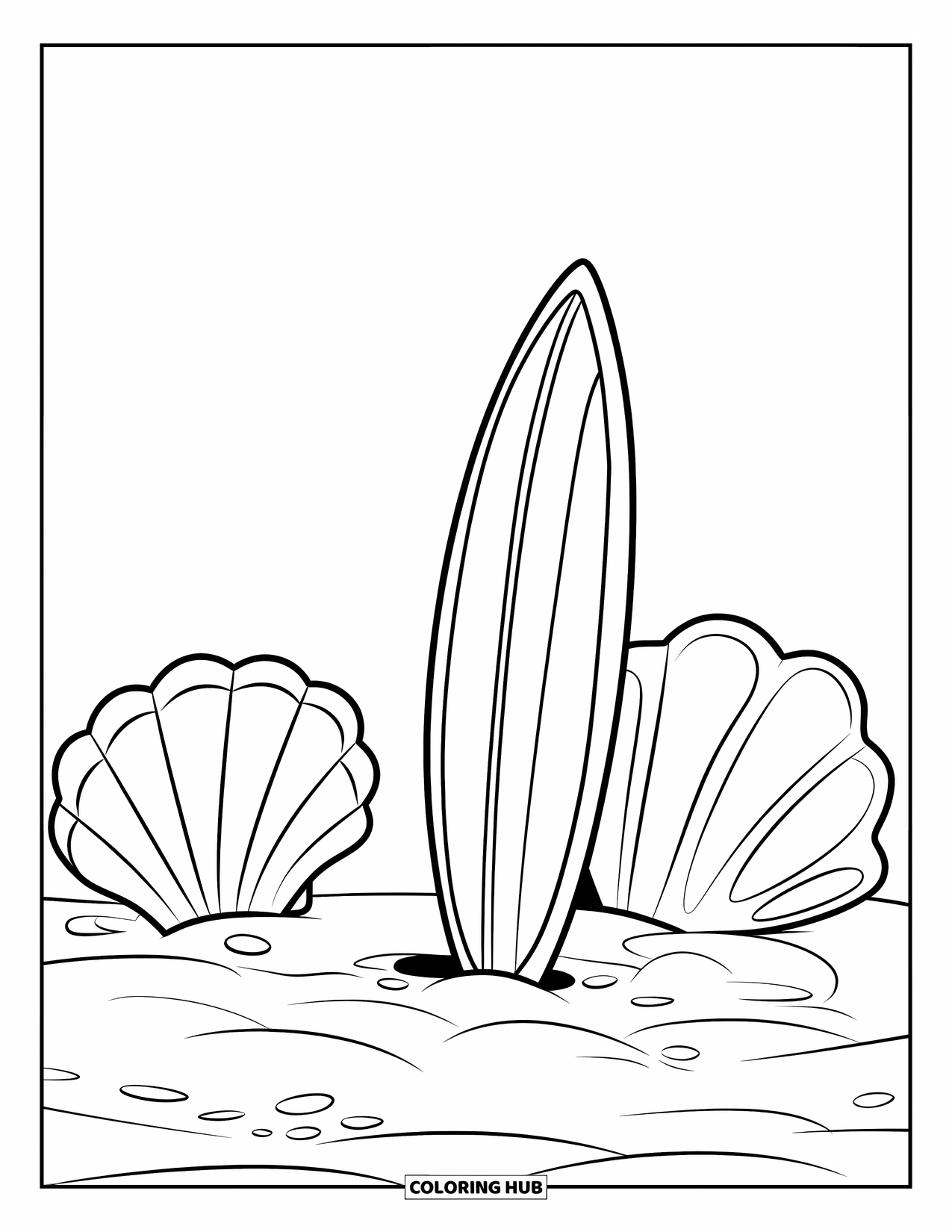 Surfplank Kleurplaat voor Kinderen: Een surfplank staand op een strand met grote schelpen eromheen