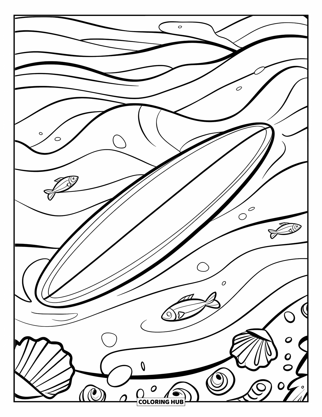 Surfplank Kleurplaat voor Kinderen: Een surfplank omringd door zachte golven, schelpen en kleine vissen