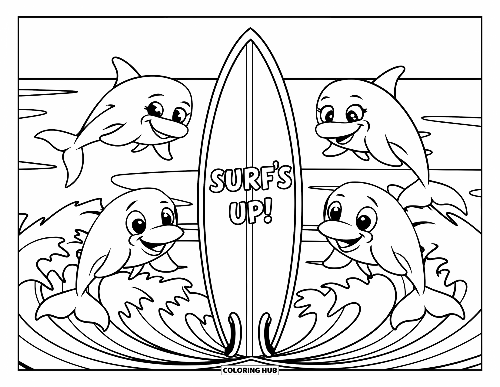 Surfplank Kleurplaat voor Kinderen: Een surfplank omringd door vrolijke dolfijnen die uit golven springen