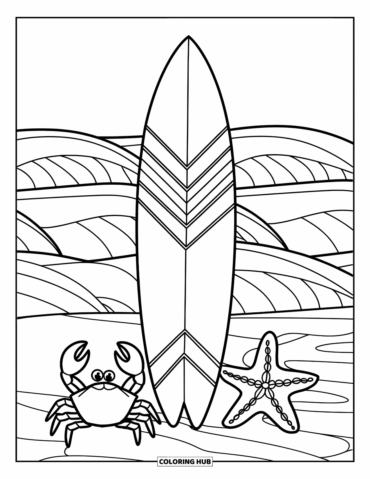 Surfplank Kleurplaat voor Kinderen: Een surfplank rechtop in het zand met een krab en een zeester
