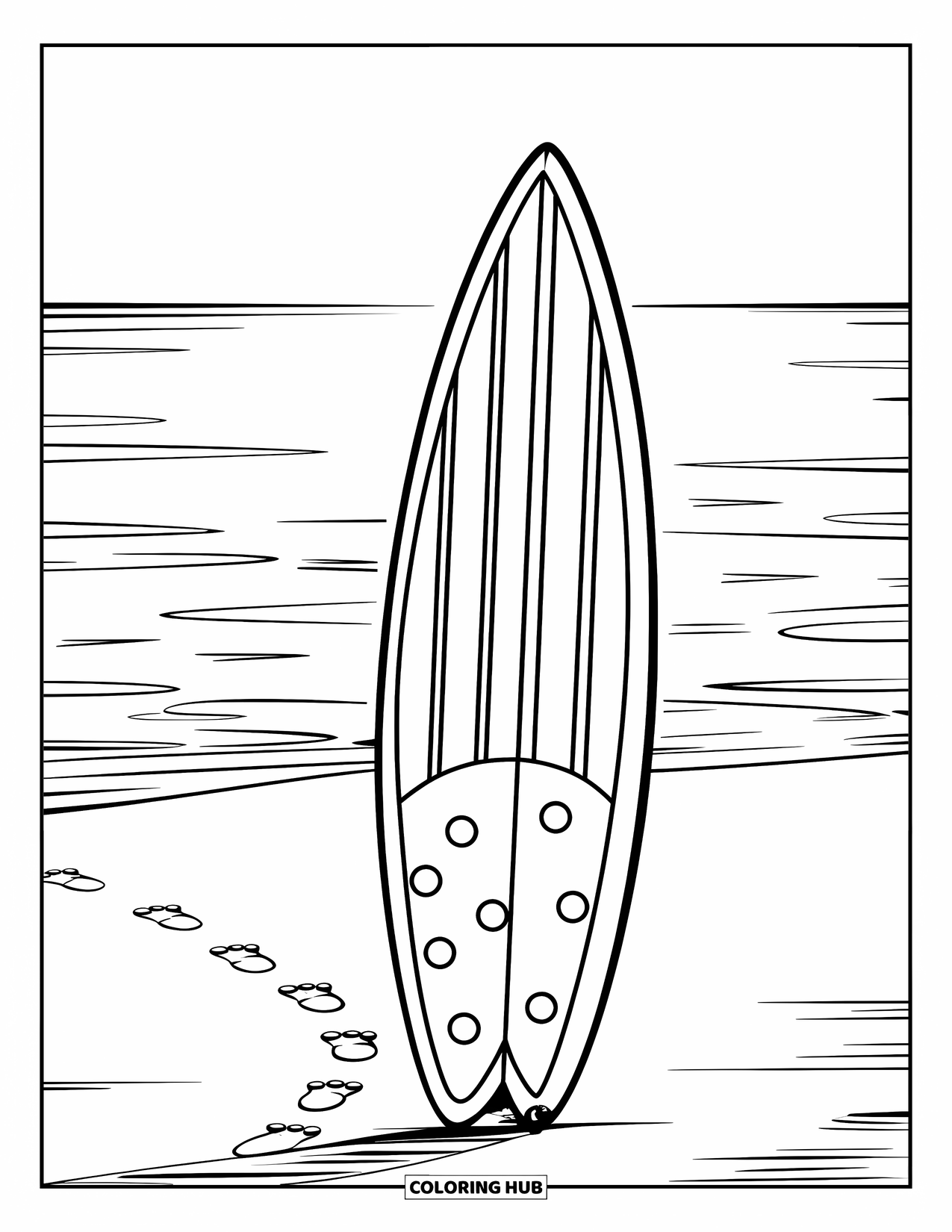 Surfplank Kleurplaat voor Kinderen: Een surfplank rechtop in het zand met strepen, stippen en voetafdrukken in de buurt