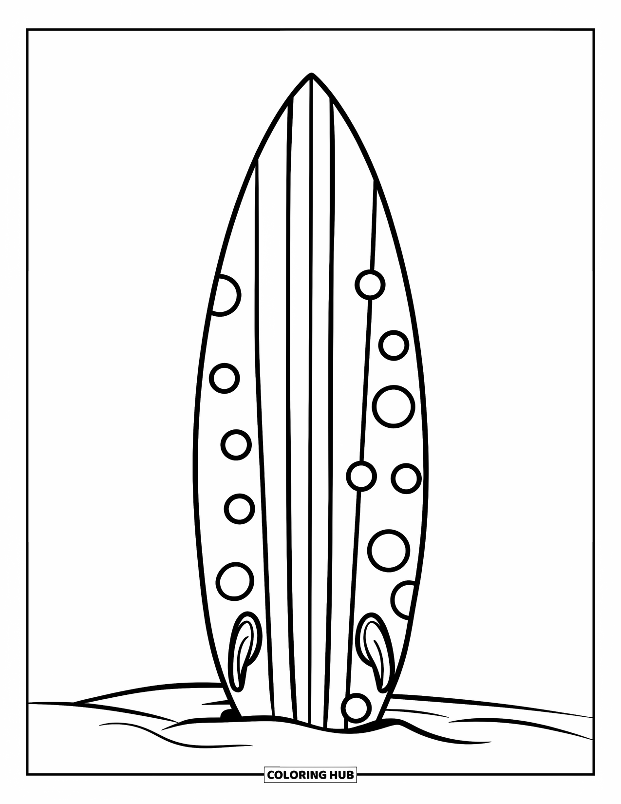 Surfplank Kleurplaat voor Kinderen: Een surfplank met gedurfde strepen en stippen in het zand op een zonnig strand