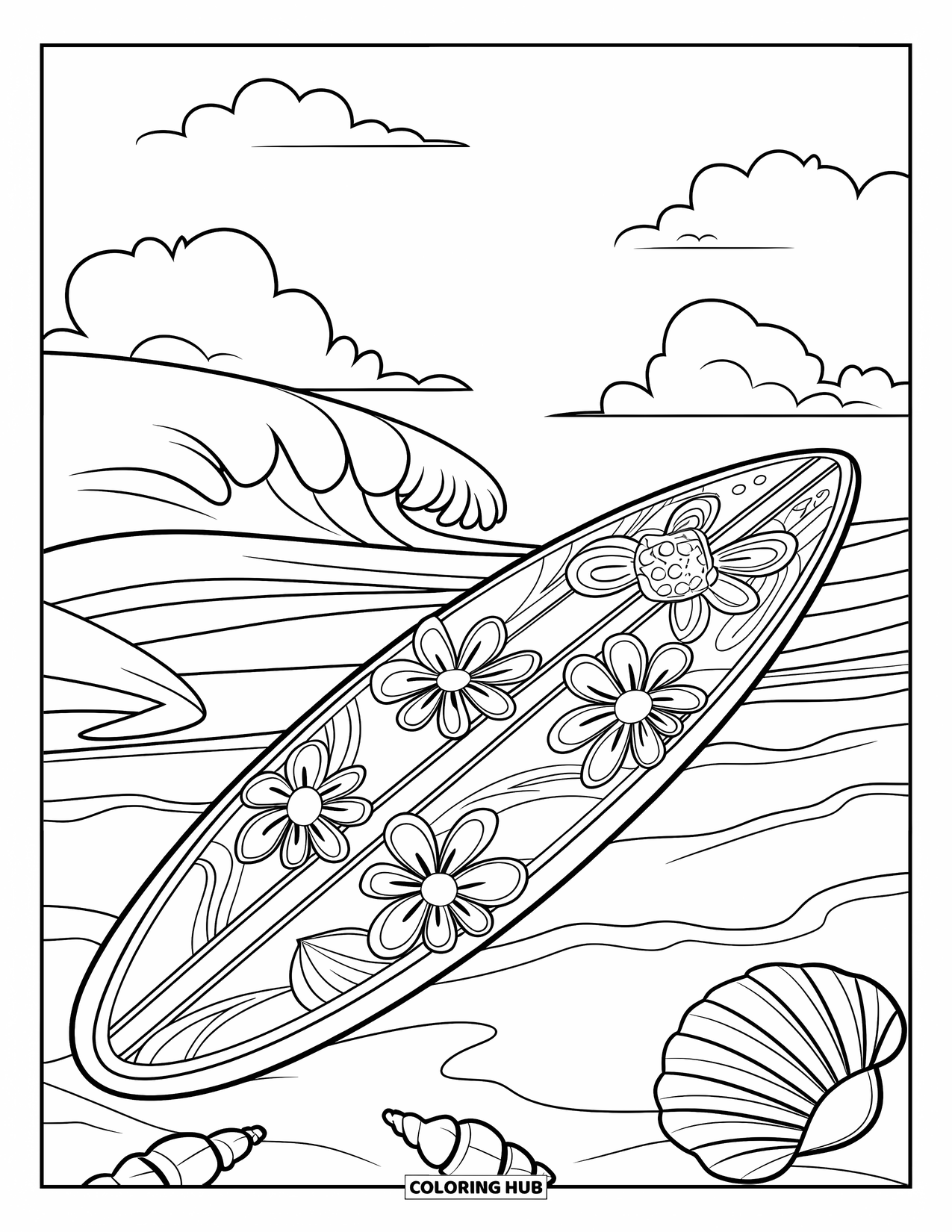 Surfplank Kleurplaat voor Kinderen: Een surfplank met bloemmotieven op zand met schelpen in de buurt