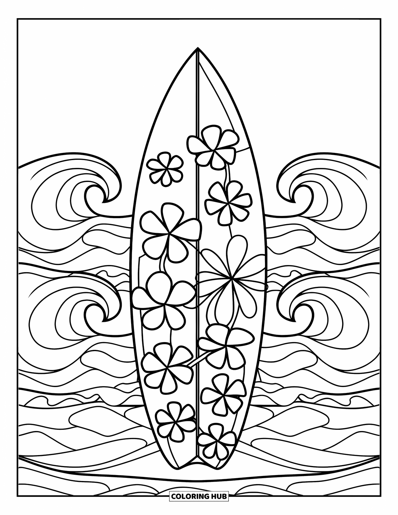 Surfplank Kleurplaat voor Kinderen: Een surfplank met bloempatronen gericht op kalme oceaangolven