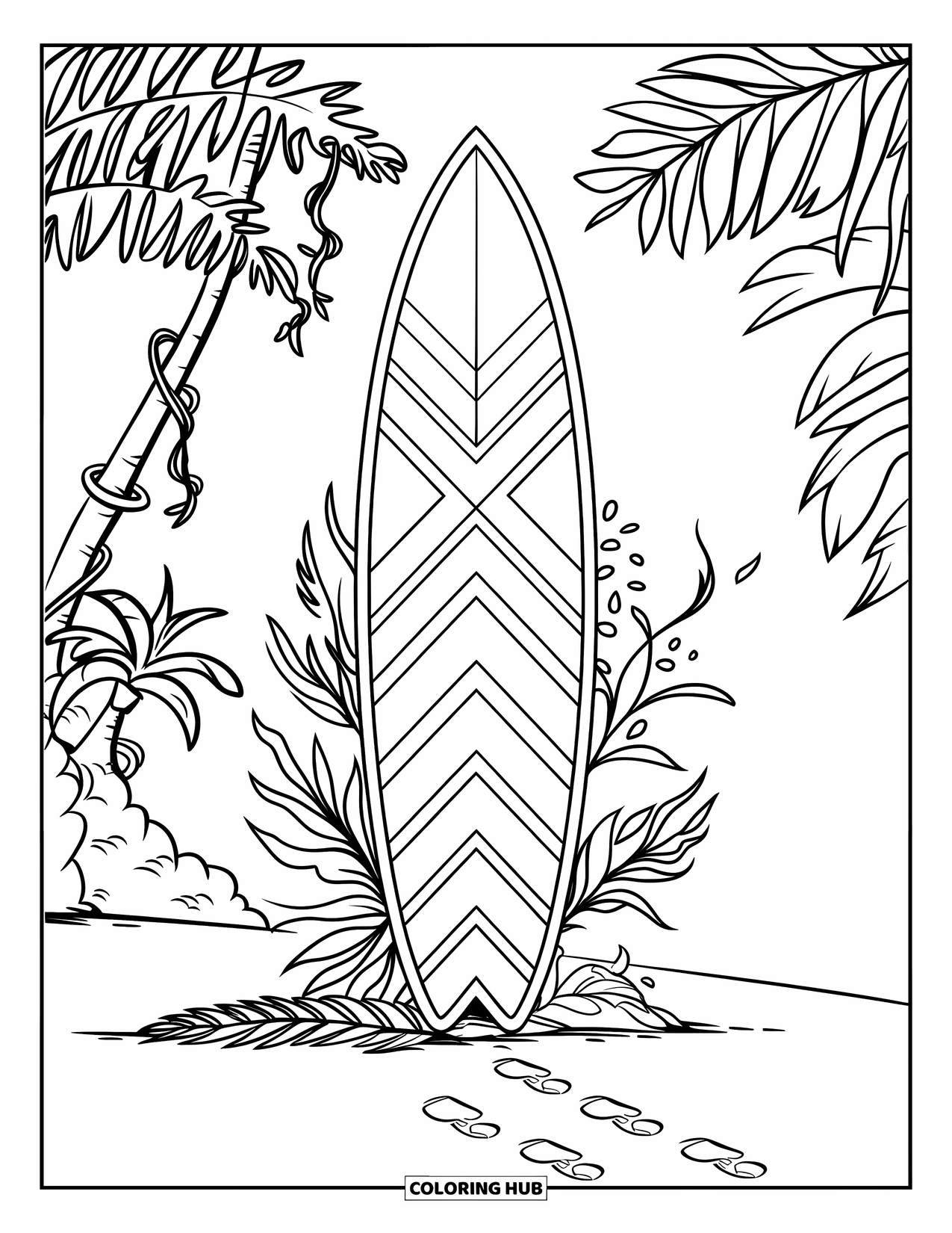 Surfplank Kleurplaat voor Kinderen: Een surfplank met geometrische ontwerpen omringd door palmbomen en tropische planten