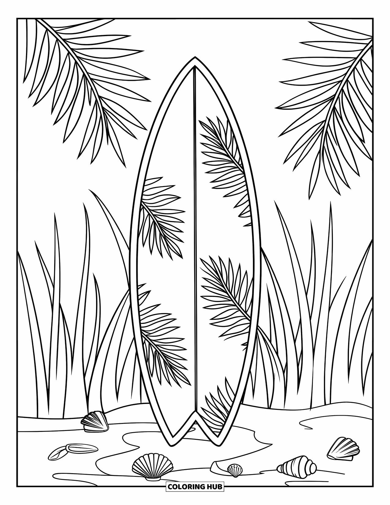 Surfplank Kleurplaat voor Kinderen: Een surfplank met palmbladmotieven leunend tegen strandgras
