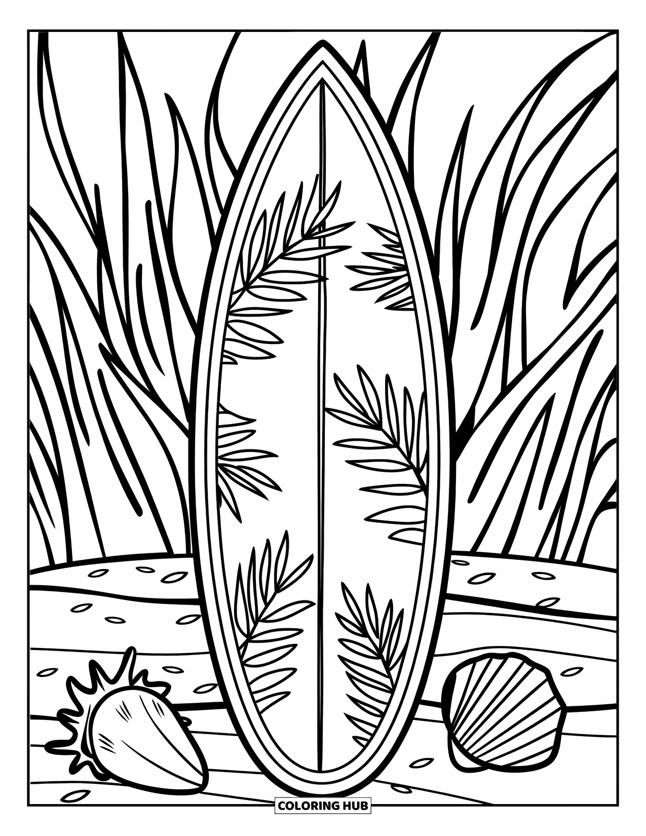 Surfplank Kleurplaat voor Kinderen: Een surfplank met palmbladeren bij strandgras en schelpen