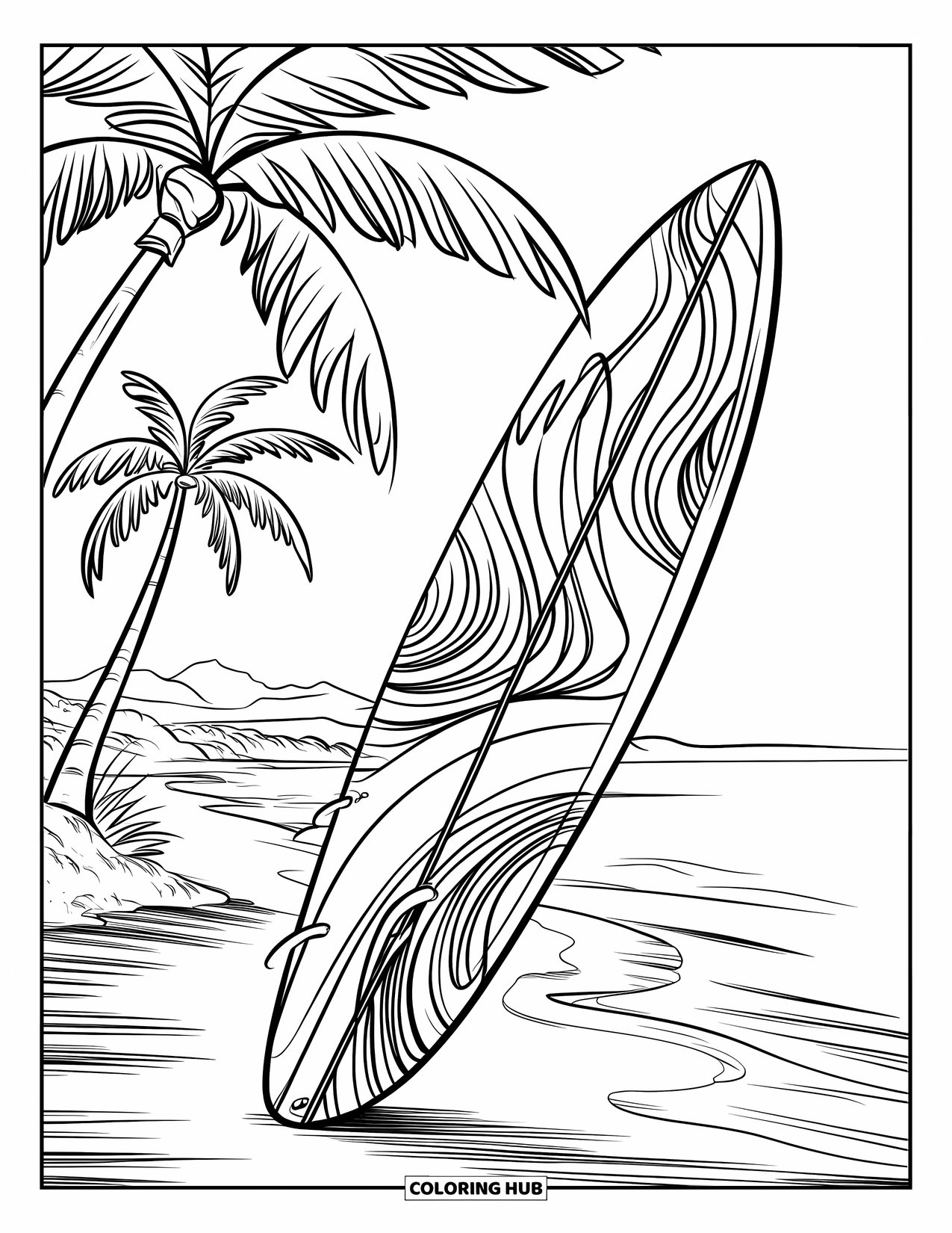 Surfplank Kleurplaat voor Kinderen: Een surfplank met wervelontwerpen op een strand omringd door palmbomen