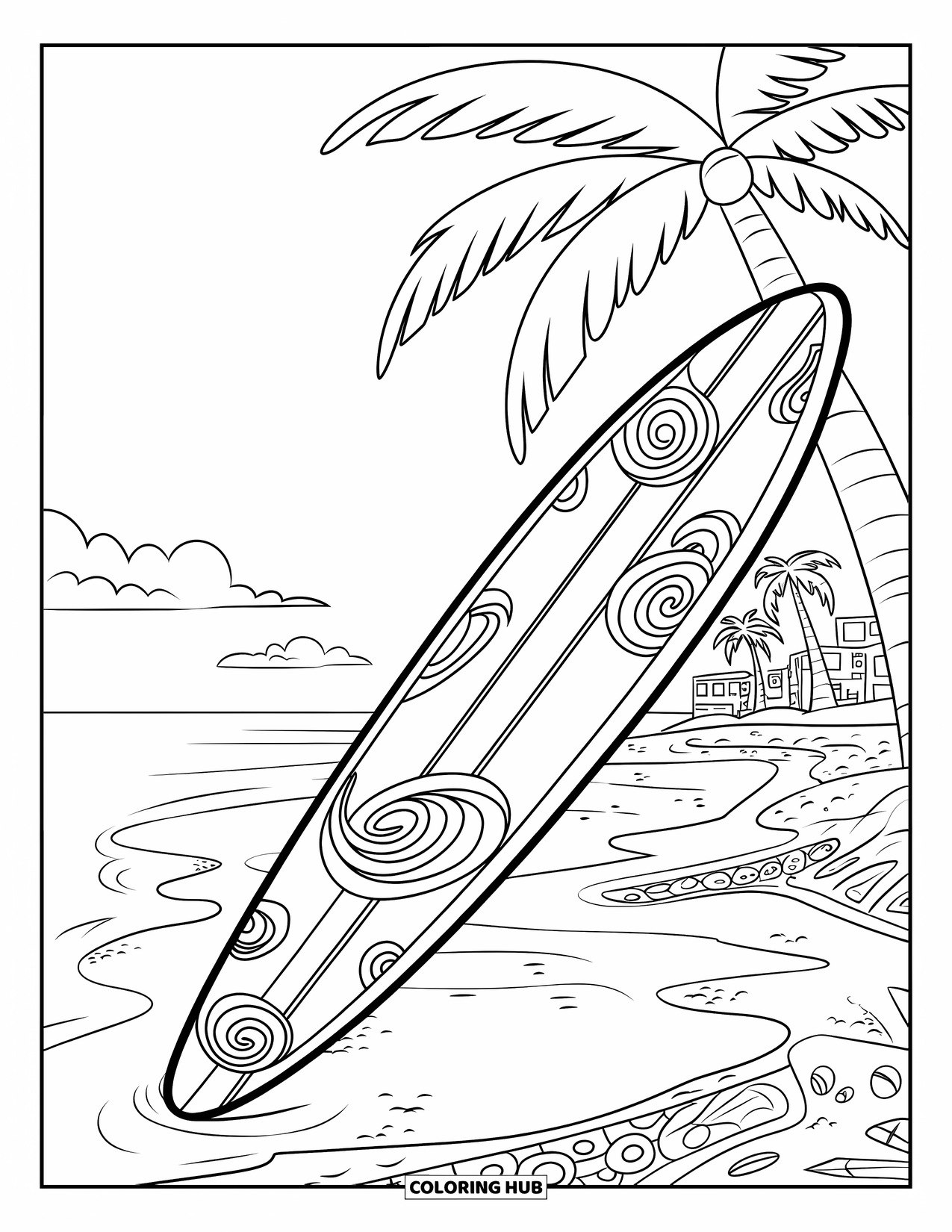 Surfplank Kleurplaat voor Kinderen: Een surfplank met wervelontwerpen rustend op een strand met palmbomen