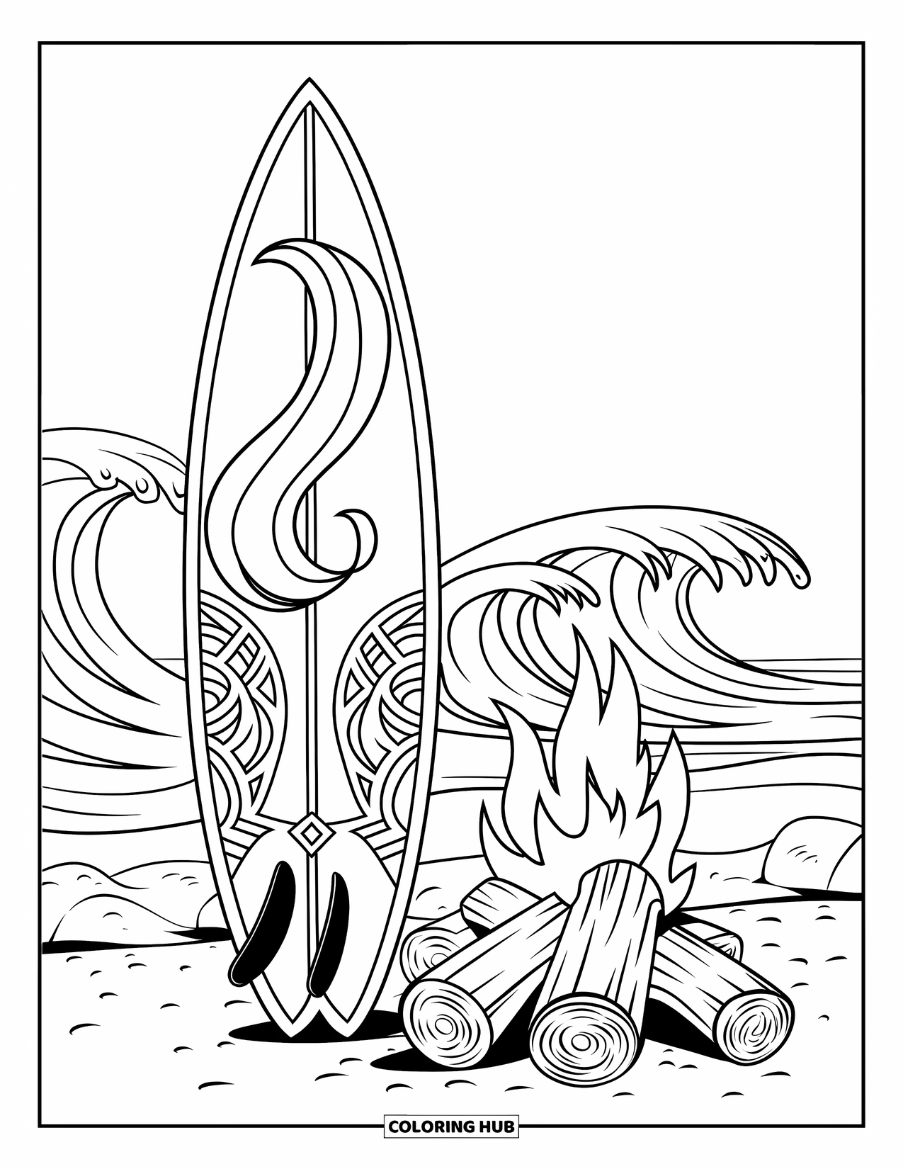 Surfplank Kleurplaat voor Kinderen: Een surfplank met wervelingen en tribale patronen bij vuurblokken en palmbomen