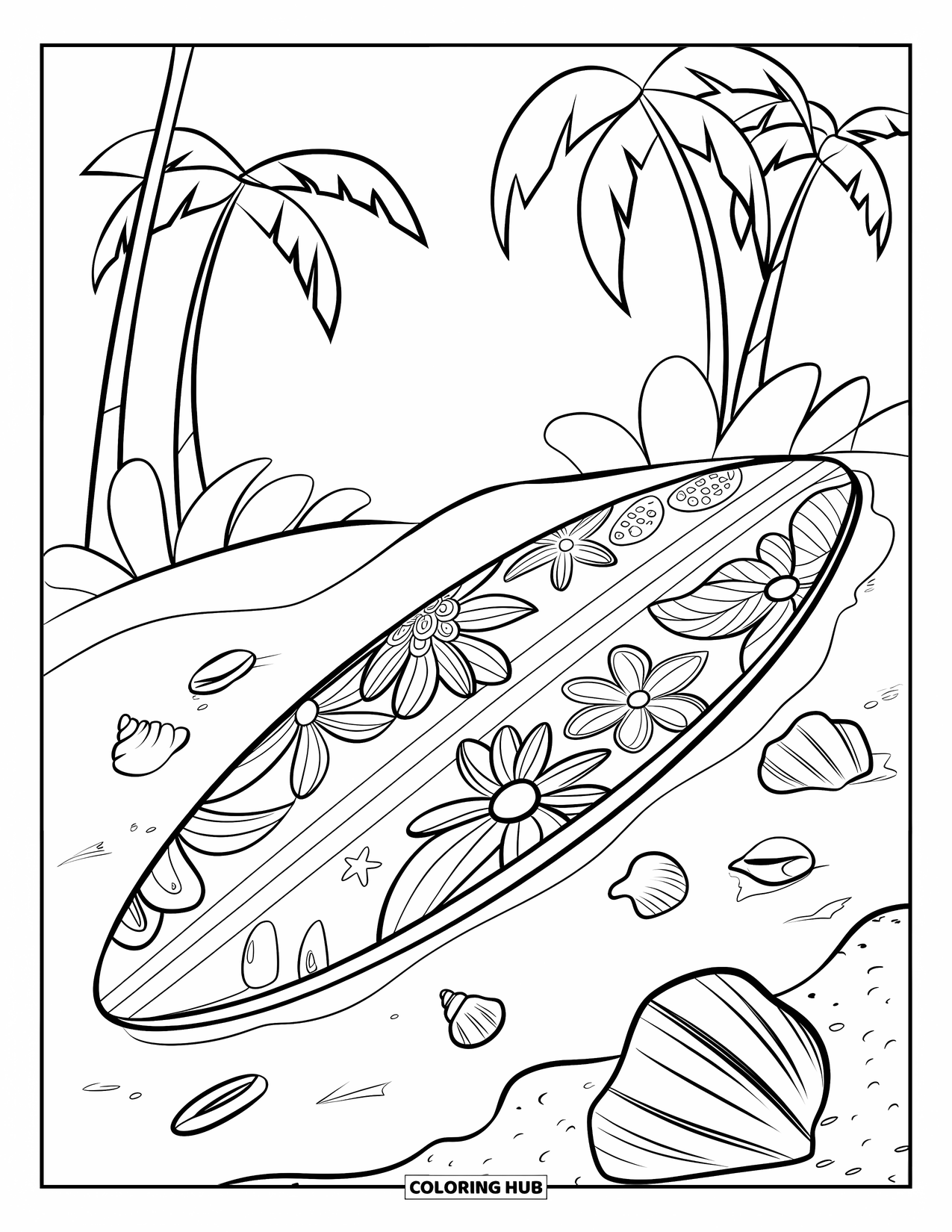 Surfplank Kleurplaat voor Kinderen: Een surfplank met tropische bloempatronen op zand tussen schelpen