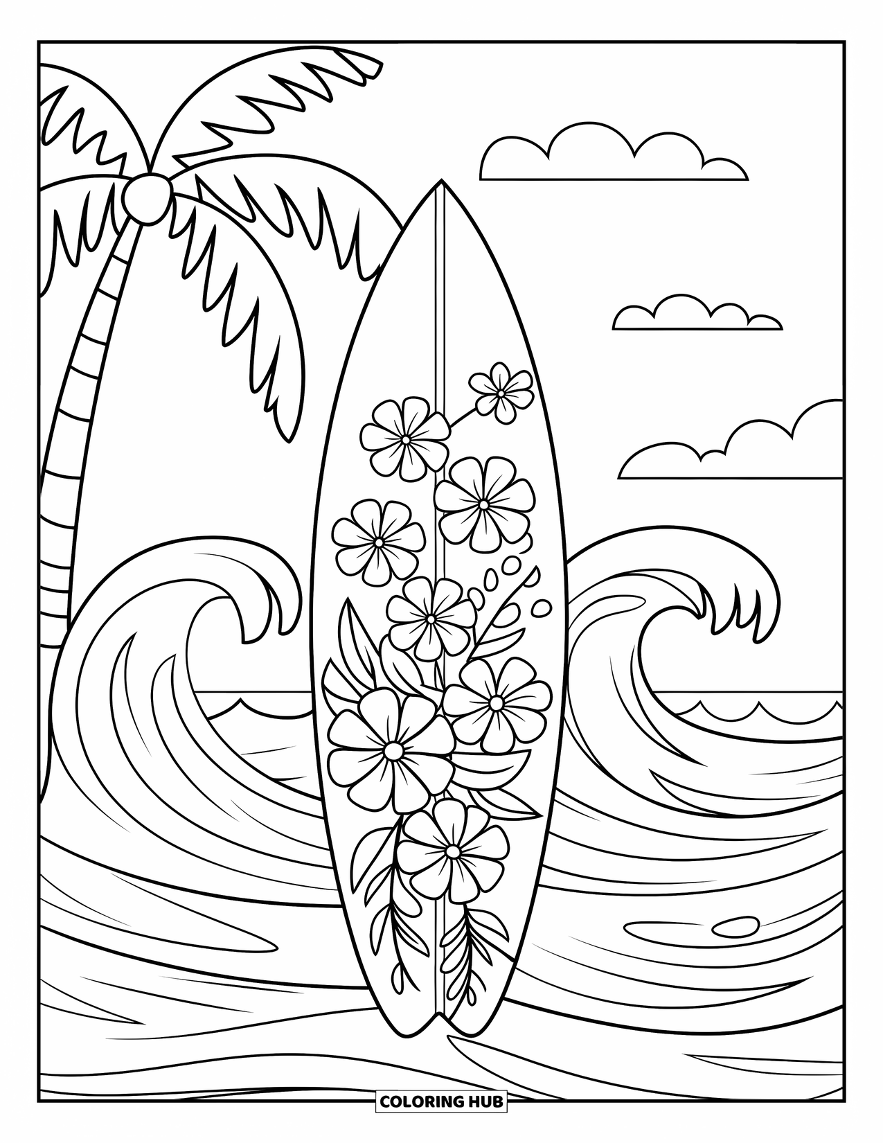 Surfplank Kleurplaat voor Kinderen: Een surfplank met tropische bloemen voor oceaangolven