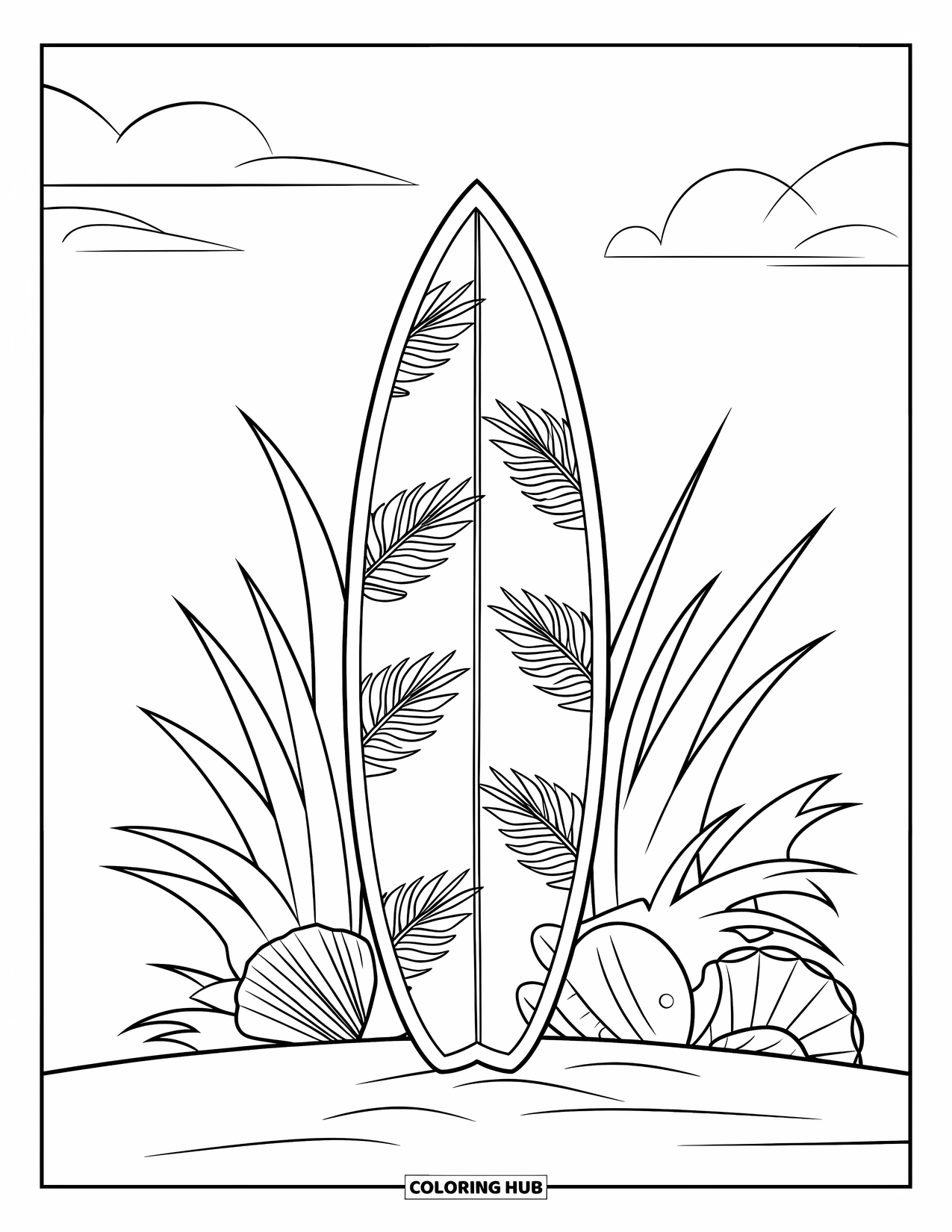 Surfplank Kleurplaat voor Kinderen: Een surfplank met tropische bladeren omringd door strandgras en schelpen
