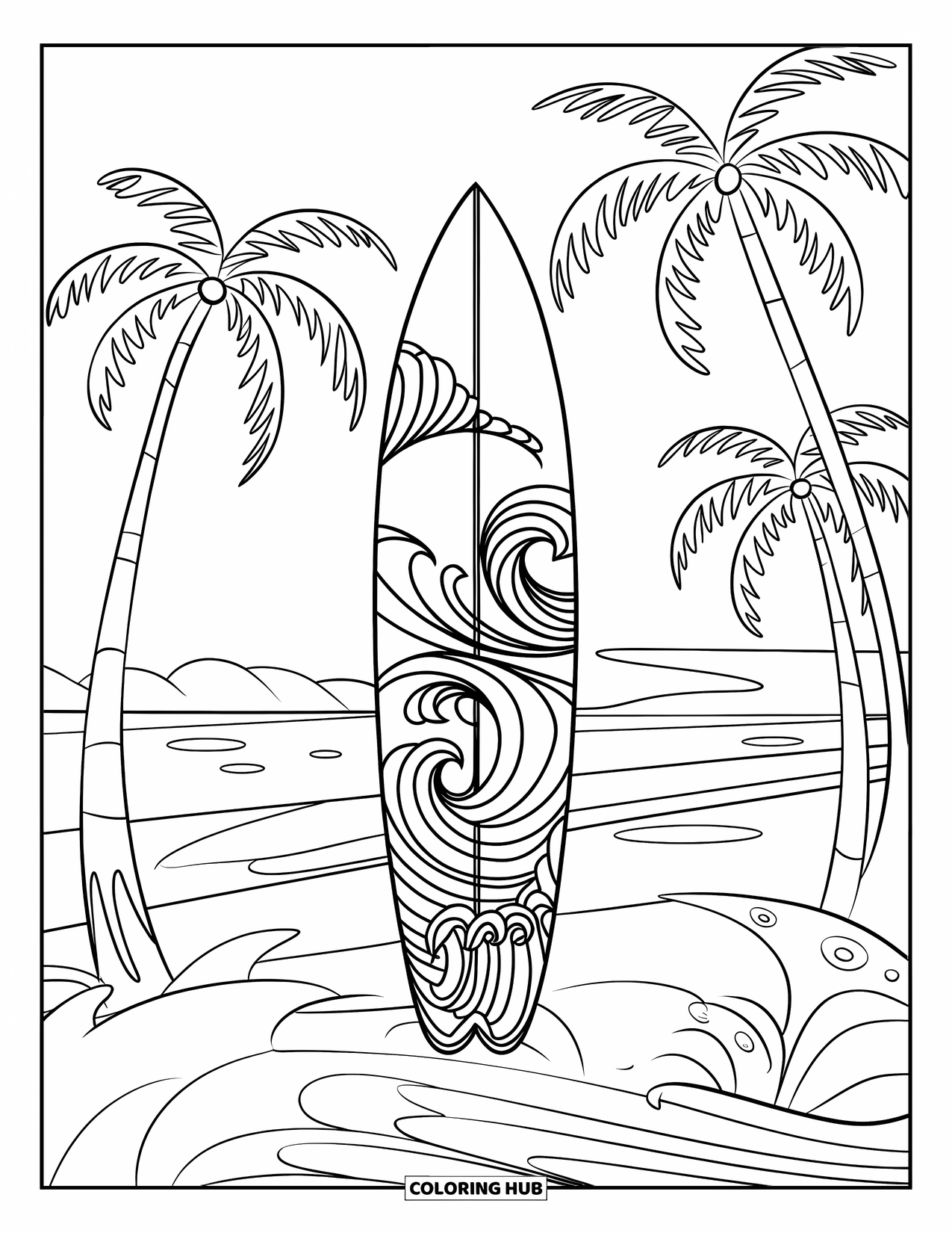 Surfplank Kleurplaat voor Kinderen: Een surfplank met golfpatronen liggend op een strand met palmbomen