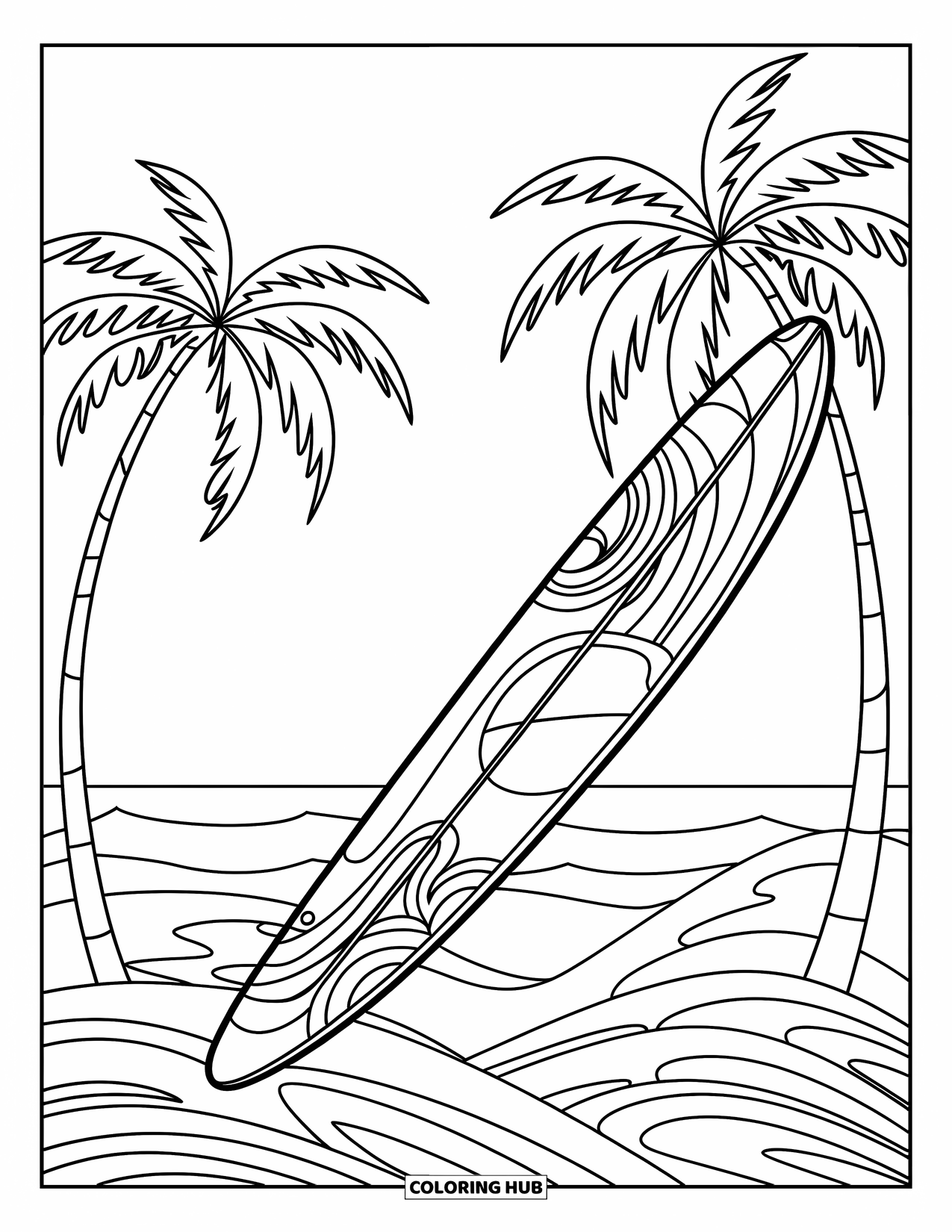 Surfplank Kleurplaat voor Kinderen: Een surfplank met golfpatronen op een strandscène met palmbomen