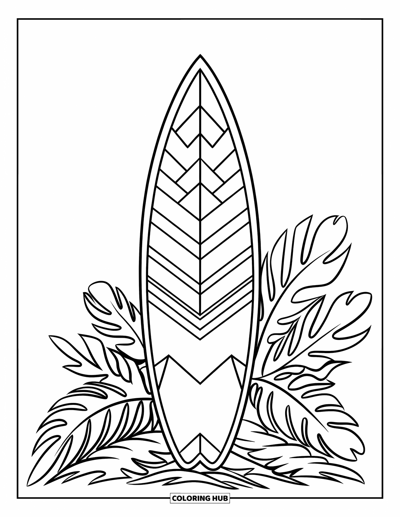 Surfplank Kleurplaat voor Kinderen: Een surfplank met zigzagpatronen ondersteund door tropisch gebladerte