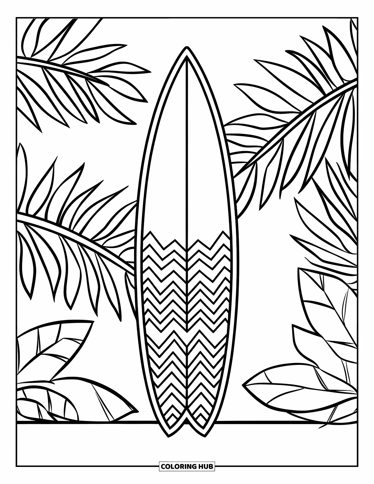 Surfplank Kleurplaat voor Kinderen: Een surfplank met zigzagpatronen rustend tussen tropische planten en kokosnoten