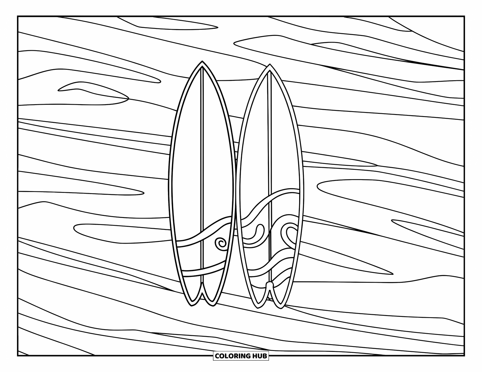 Surfplank Kleurplaat voor Kinderen: Twee surfplanken naast elkaar op een strand met eenvoudige golfpatronen