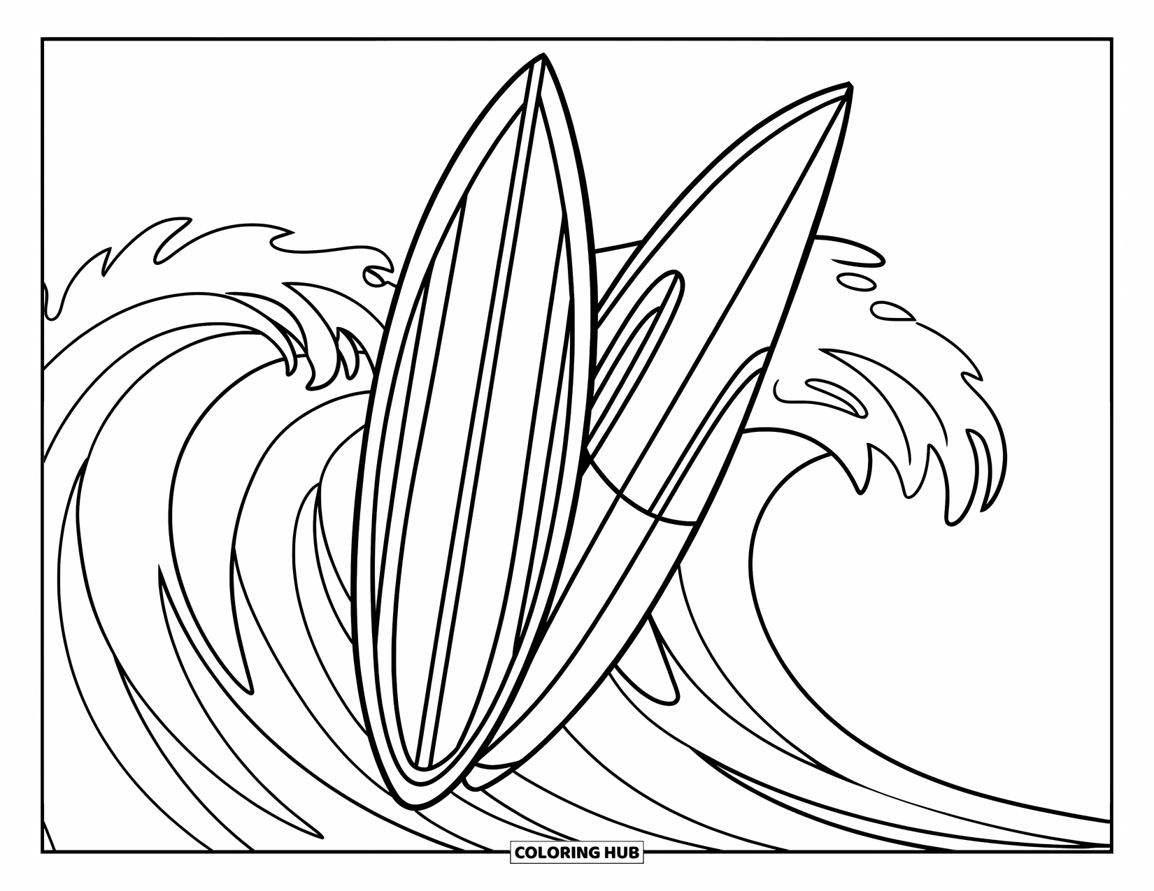 Surfplank Kleurplaat voor Kinderen: Twee surfplanken naast elkaar met eenvoudige golfpatronen op een zandstrand