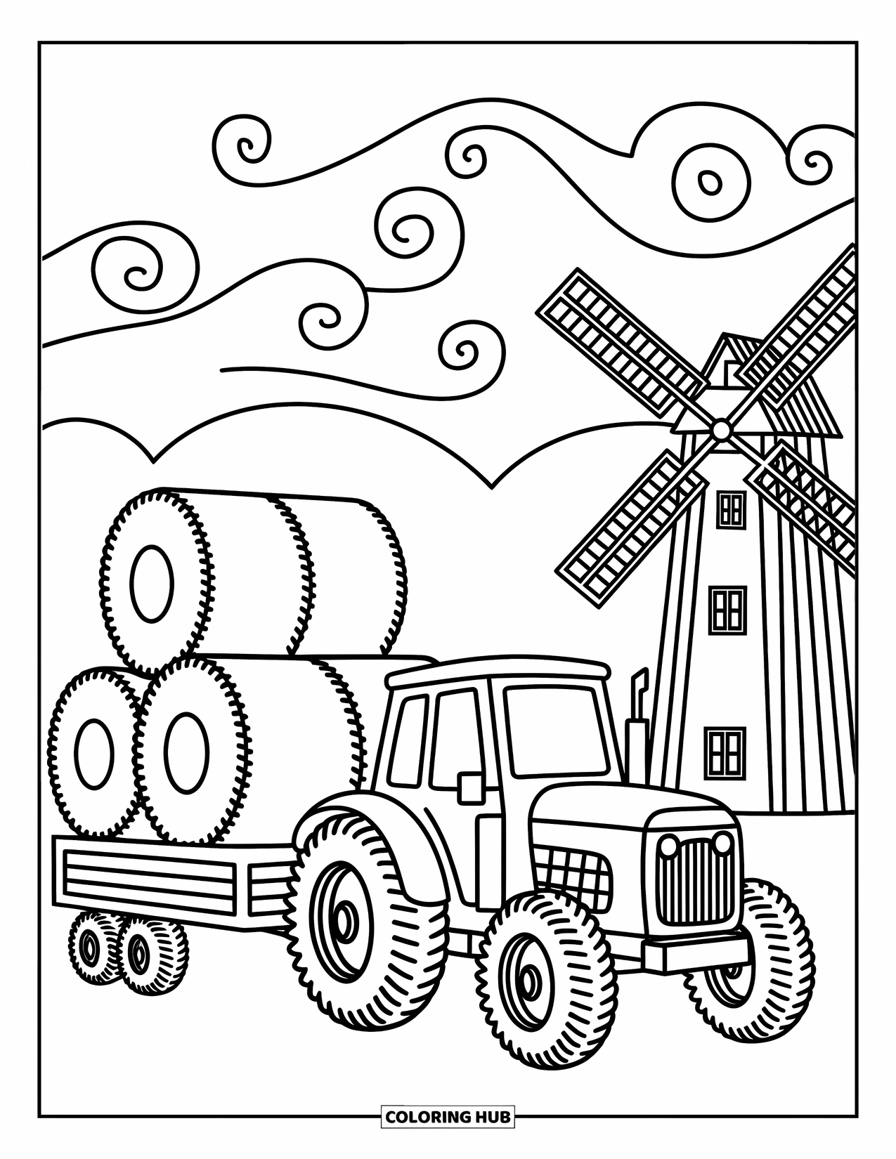 Dibujo de tractor para colorear para adultos: Un tractor alegre lleva balas de heno cerca de un molino de viento rústico con nubes arremolinadas arriba