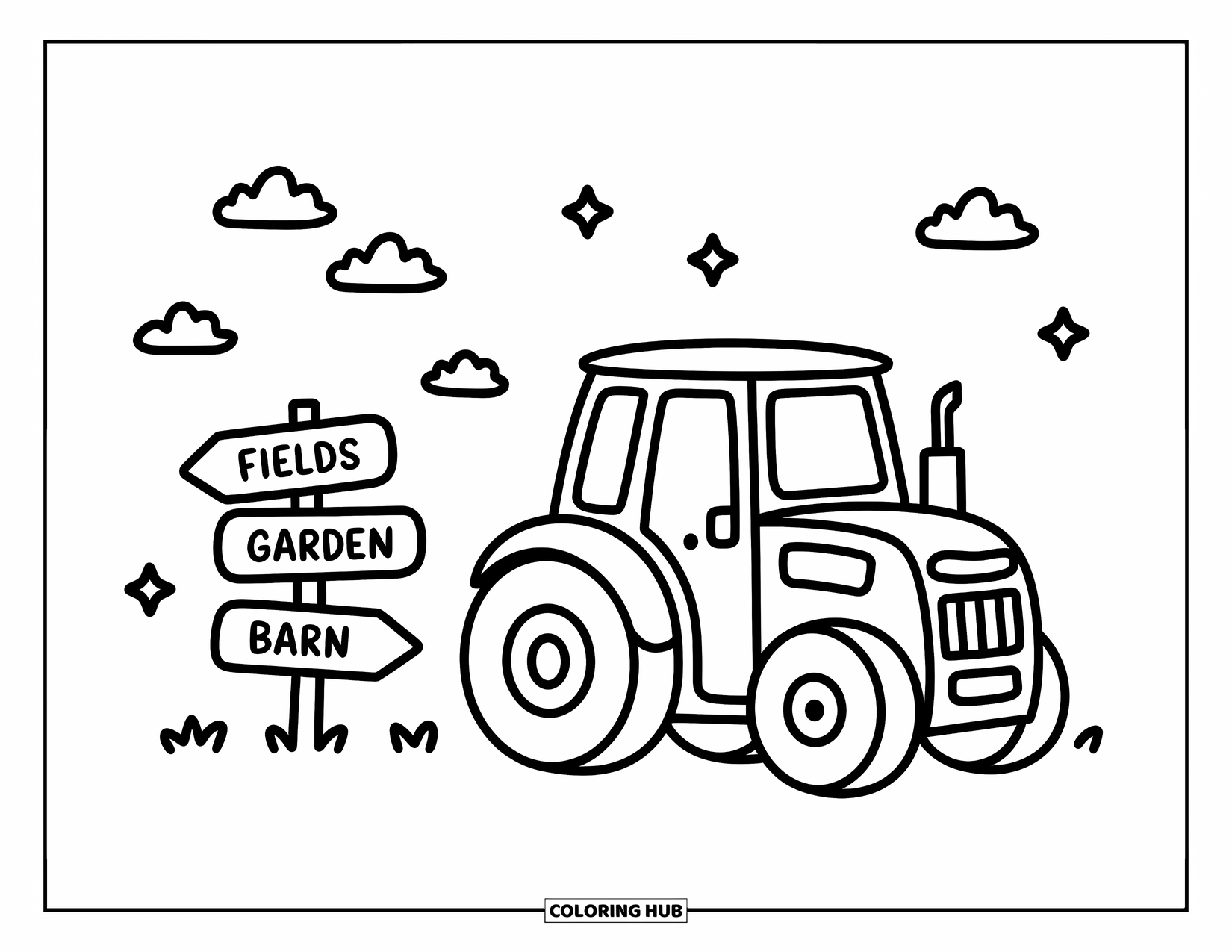 Dibujo de tractor para colorear para adultos: Un tractor alegre descansa junto a un lindo letrero de granja con nubes hinchadas y estrellas arriba