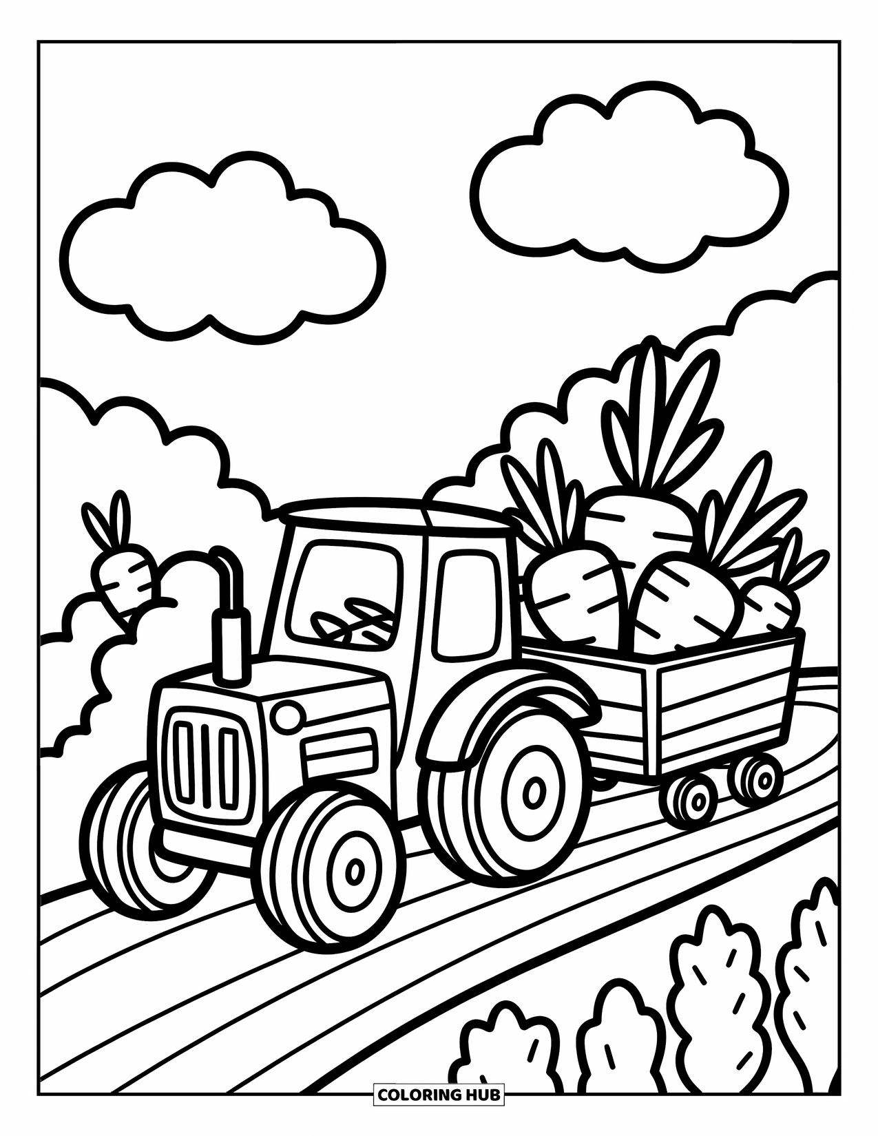 Dibujo de tractor para colorear para adultos: Un tractor gordito tira de un carro lleno de zanahorias y rábanos gigantes en un camino sinuoso