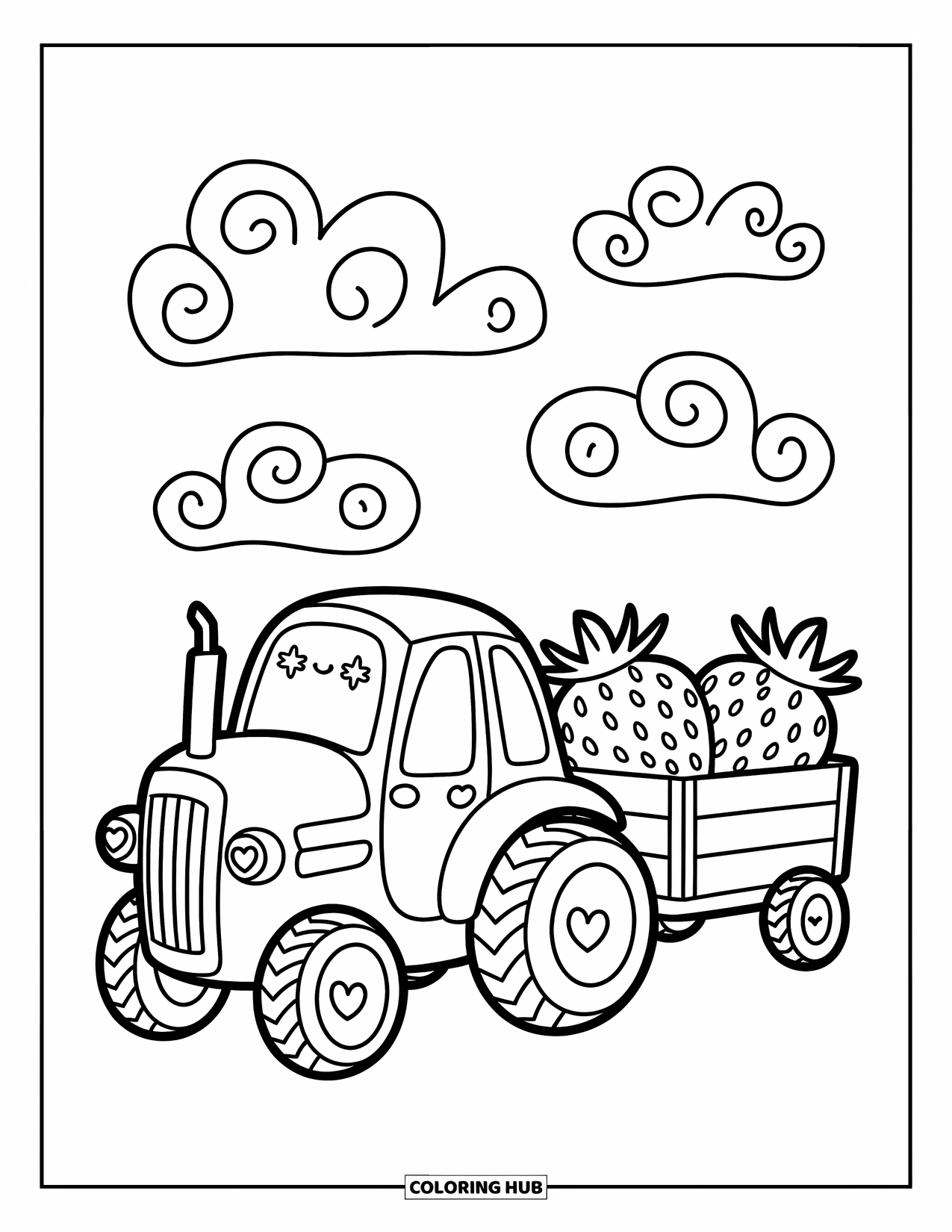 Dibujo de tractor para colorear para adultos: Un tractor gordito tira de un vagón de fresas gigantes bajo nubes arremolinadas y esponjosas