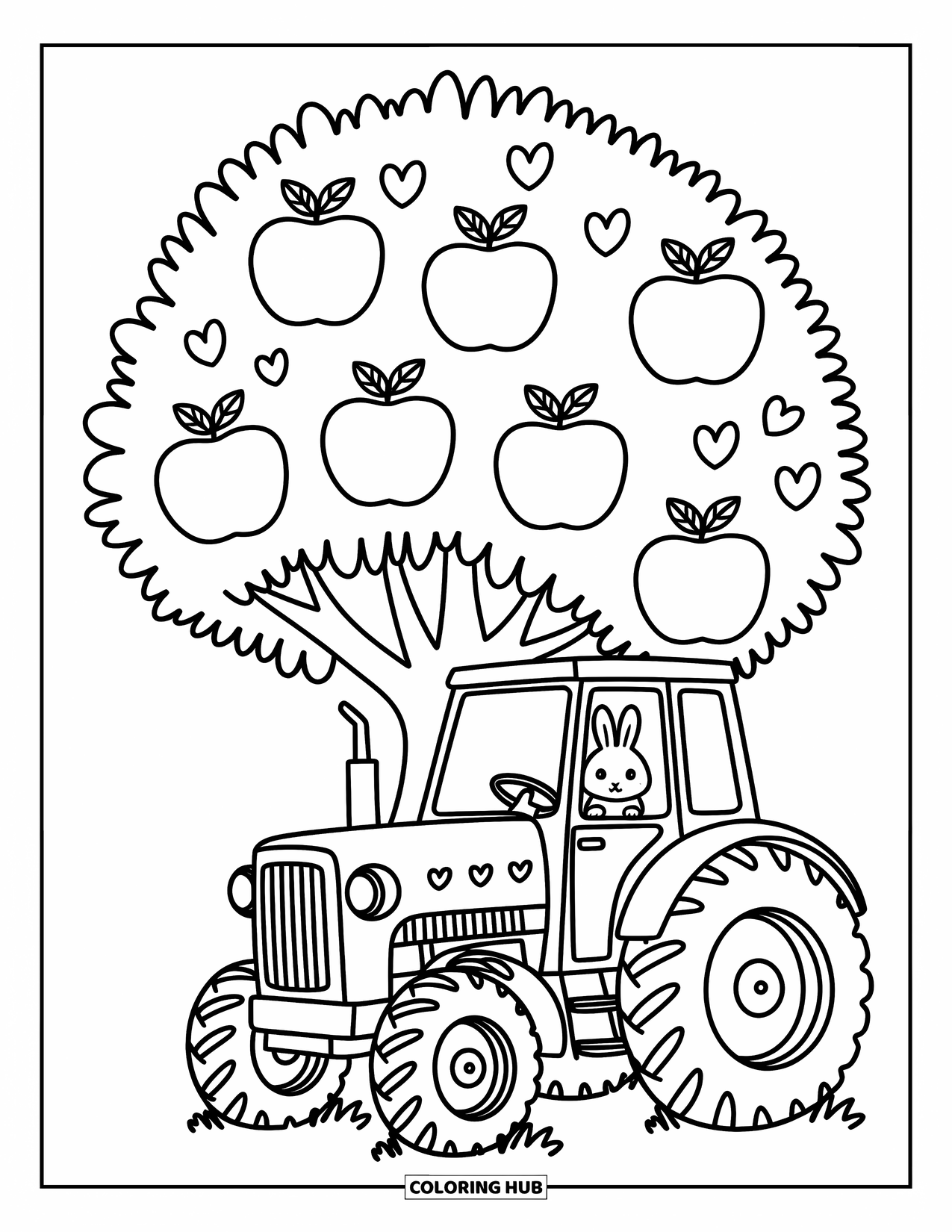 Dibujo de tractor para colorear para adultos: Un tractor gordito con diseños de corazones descansa bajo un gran manzano con un conejito curioso