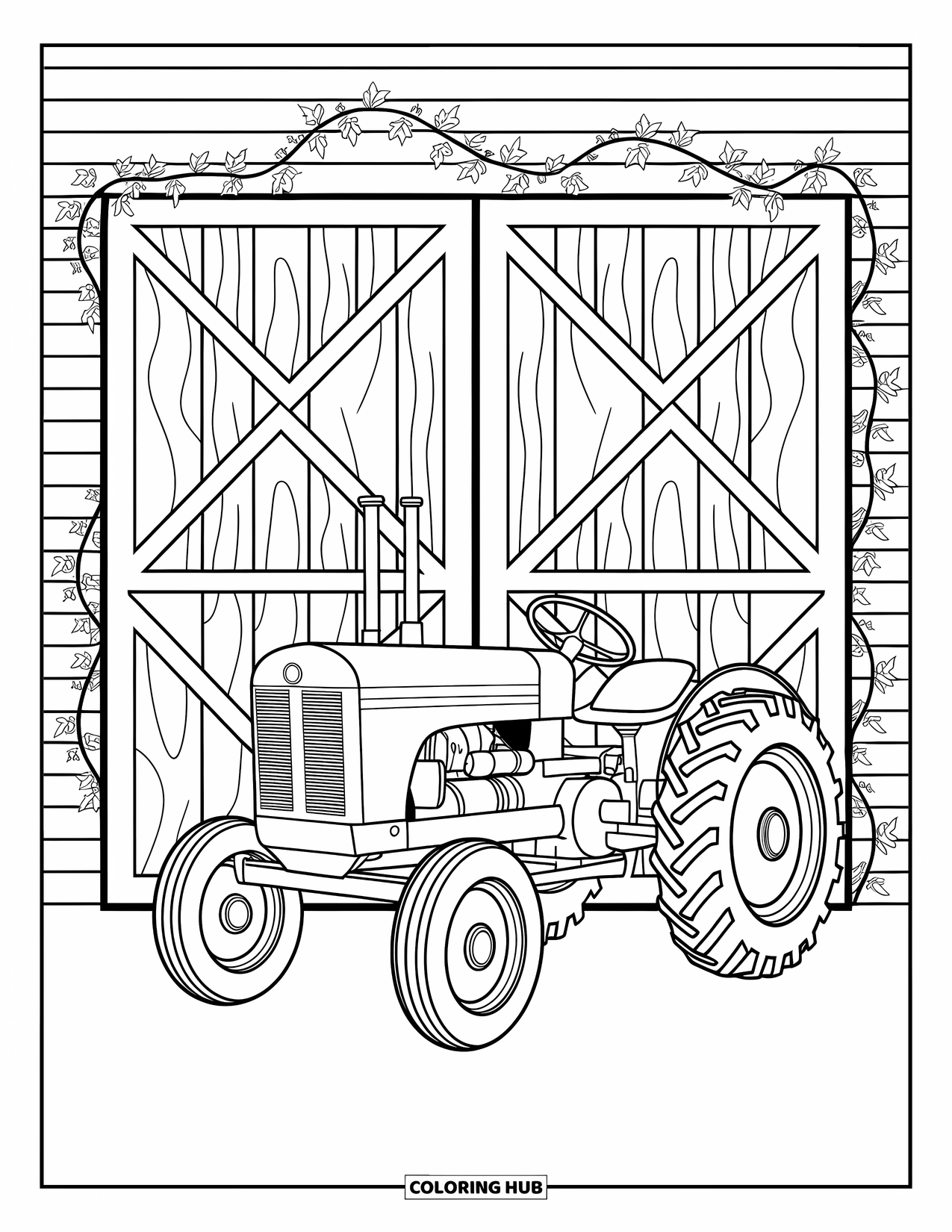 Dibujo de tractor para colorear para adultos: Un tractor clásico descansa cerca de la puerta de un granero con patrones detallados de madera y hiedra