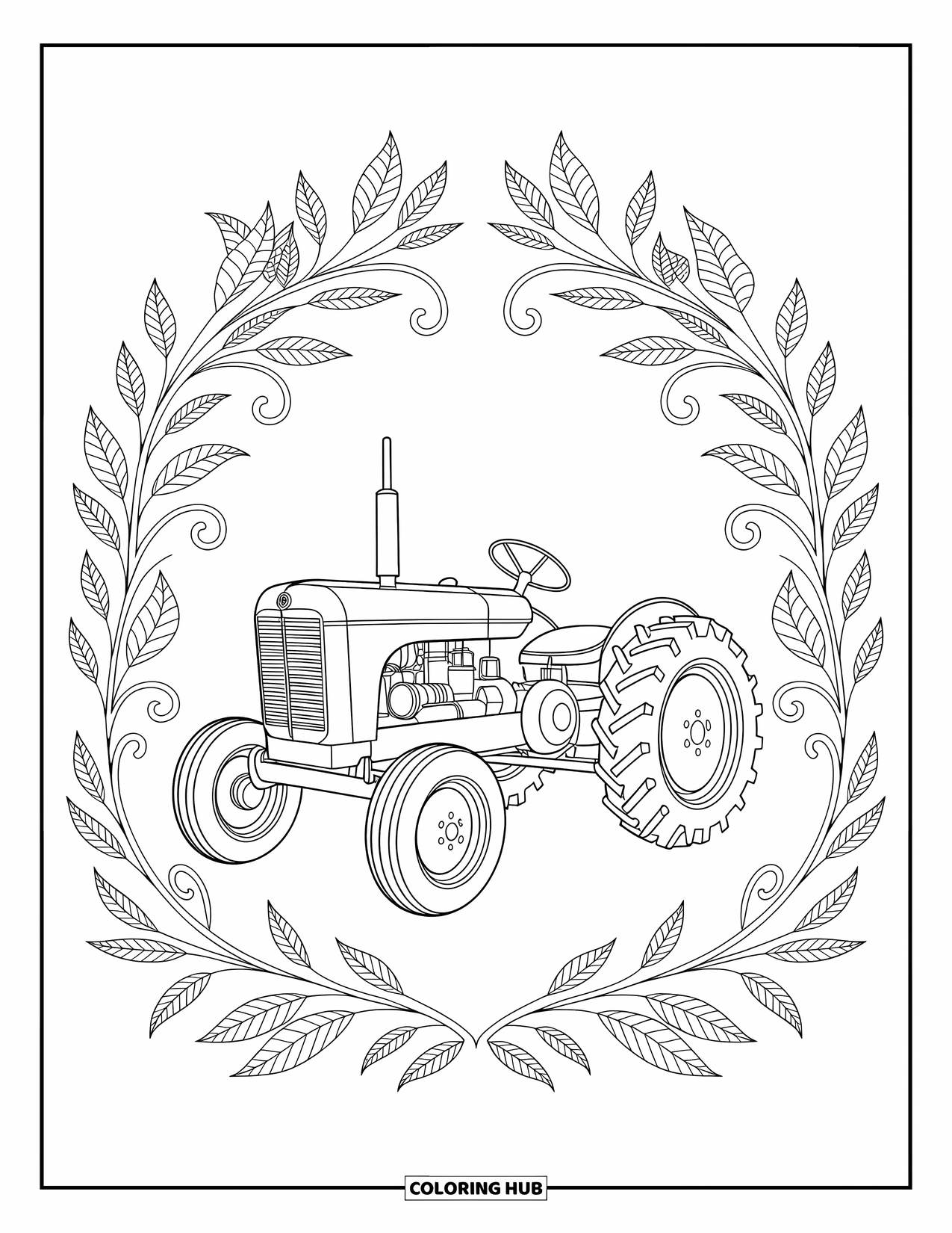 Dibujo de tractor para colorear para adultos: Un tractor clásico se encuentra dentro de un borde de hojas en capas y ramas elegantes