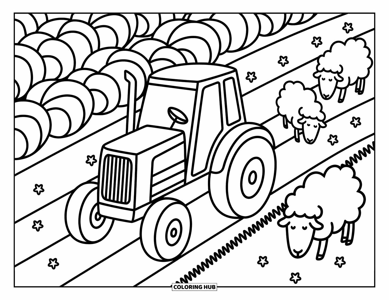 Dibujo de tractor para colorear para adultos: Un tractor lindo ara suavemente con ovejas esponjosas y repollos grandes alrededor