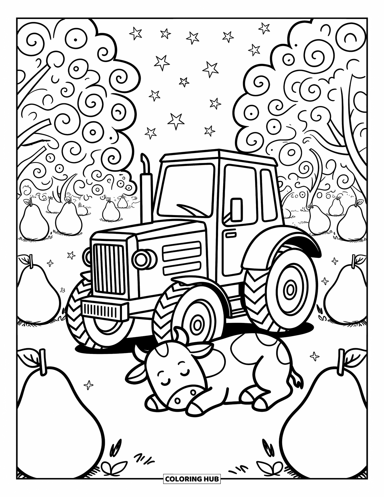 Dibujo de tractor para colorear para adultos: Un tractor lindo descansa en un huerto caprichoso mientras una vaca chibi duerme cerca