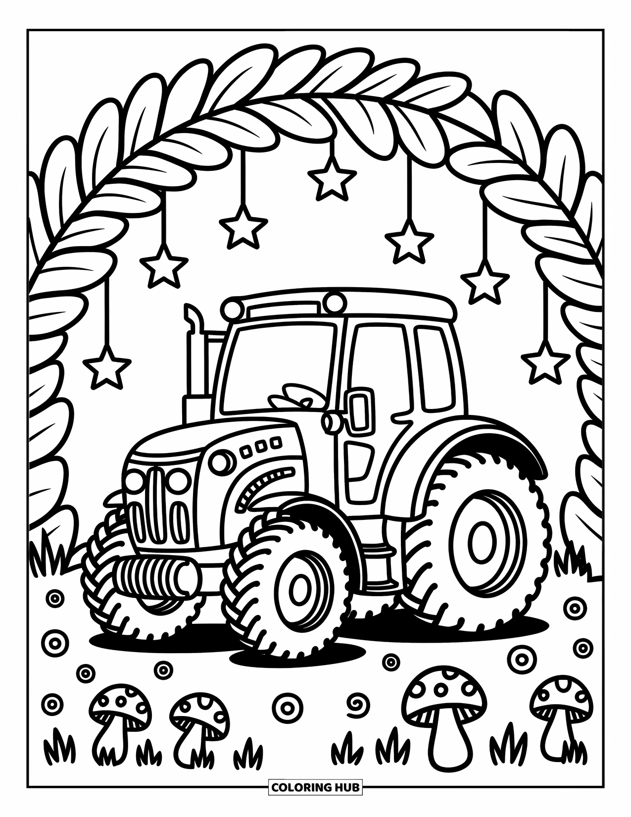 Dibujo de tractor para colorear para adultos: Un tractor lindo se sienta debajo de un arco de hojas gigantes y estrellas colgantes con champiñones debajo