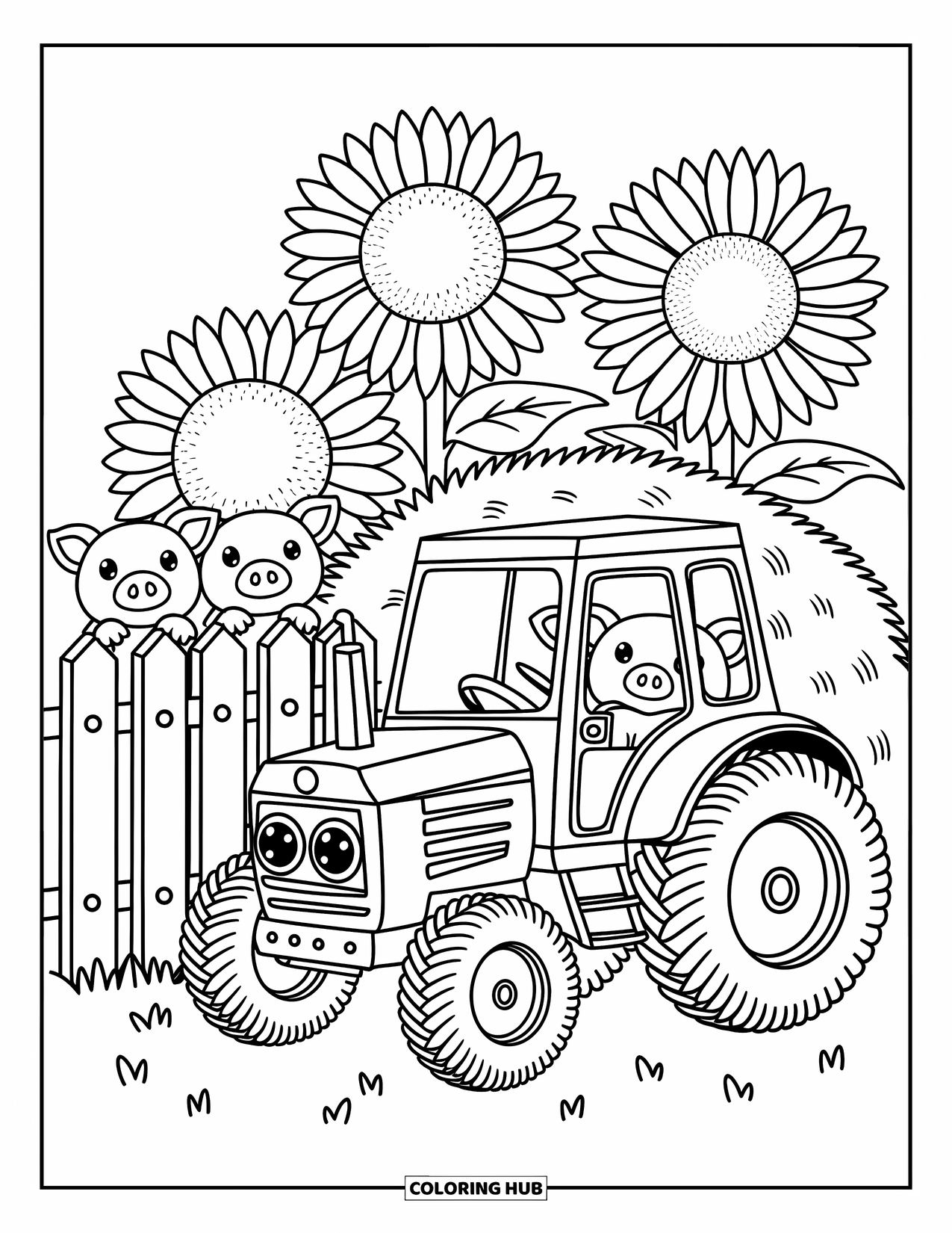 Dibujo de tractor para colorear para adultos: Un tractor lindo se sienta junto a una cerca con lechones y girasoles balanceándose al fondo
