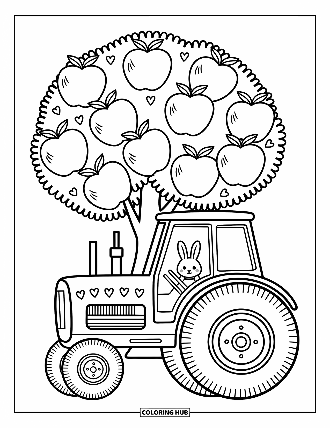 Dibujo de tractor para colorear para adultos: Un tractor lindo con corazones está estacionado debajo de un manzano con un conejito juguetón