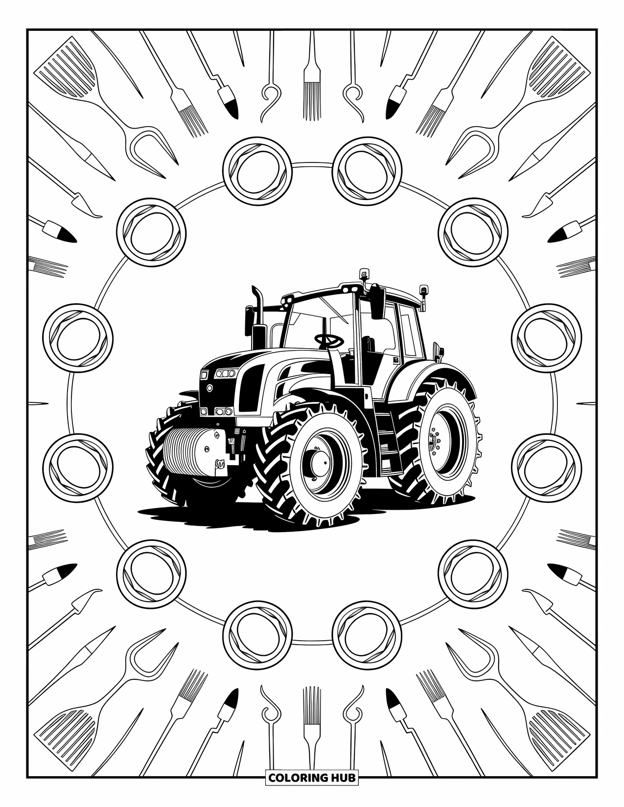 Dibujo de tractor para colorear para adultos: Un tractor detallado está enmarcado por patrones circulares de herramientas y diseños agrícolas