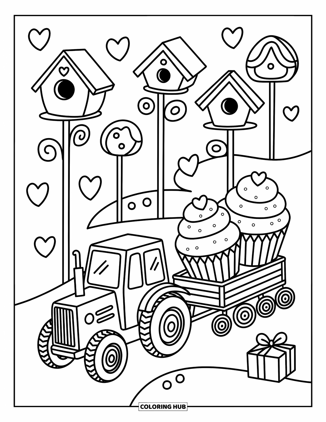 Dibujo de tractor para colorear para adultos: Un tractor amigable tira de un trineo lleno de cupcakes y regalos, rodeado de casas para pájaros