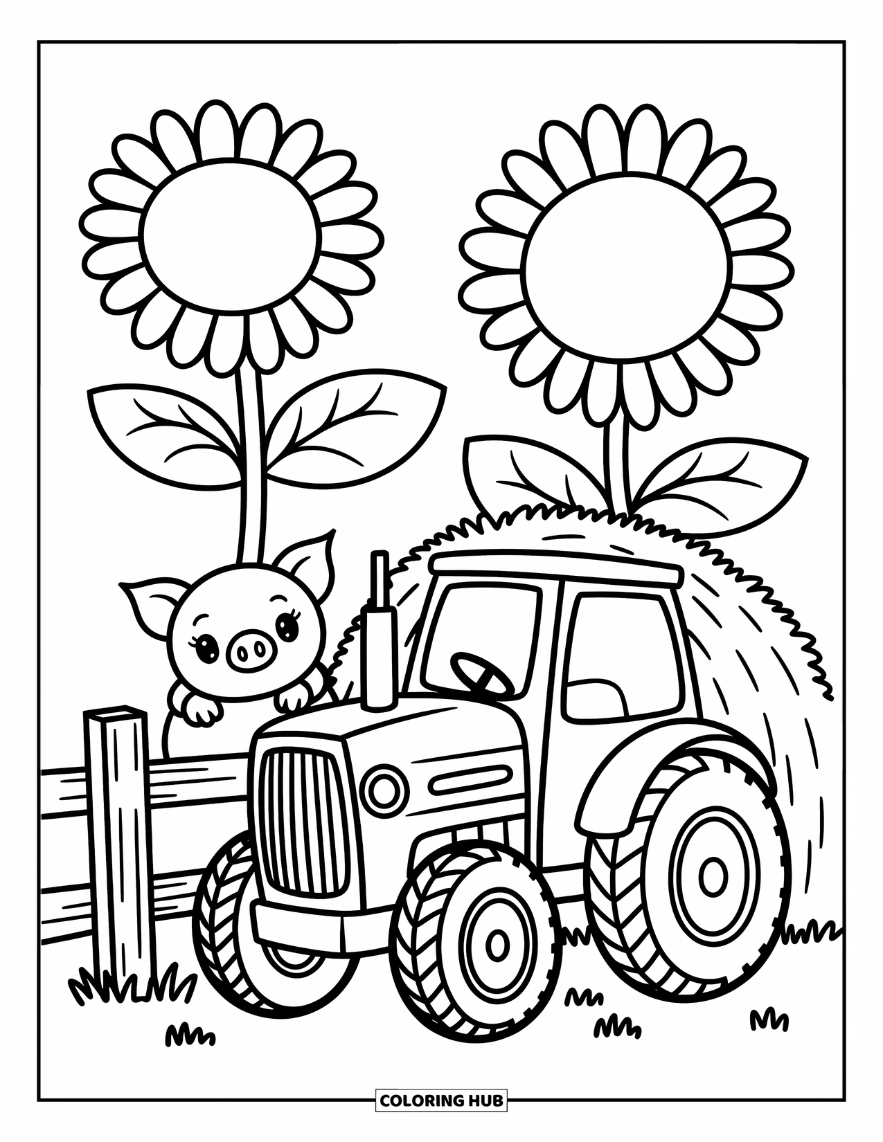 Dibujo de tractor para colorear para adultos: Un tractor amigable descansa junto a un pajar con lechones juguetones y girasoles gigantes cerca