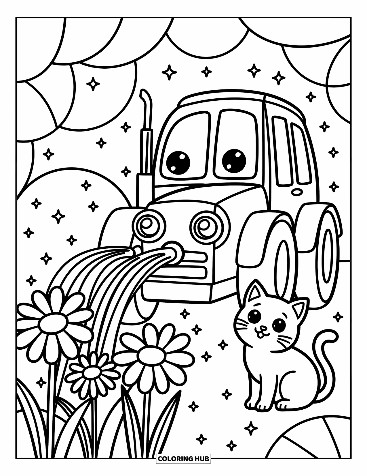 Dibujo de tractor para colorear para adultos: Un tractor amigable riega margaritas mientras un gato esponjoso se sienta con destellos alrededor