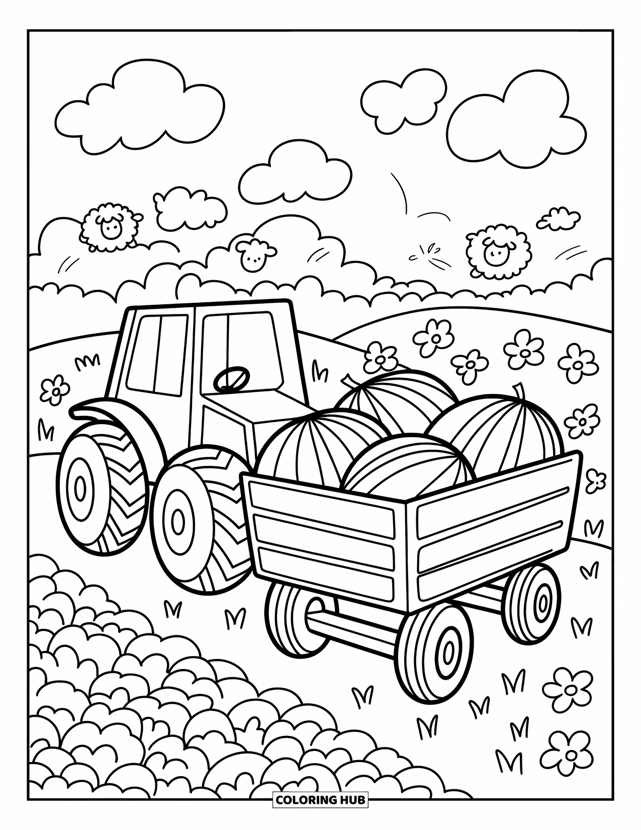 Dibujo de tractor para colorear para adultos: Un tractor amigable con melones se sienta junto a ovejas saltando y nubes onduladas