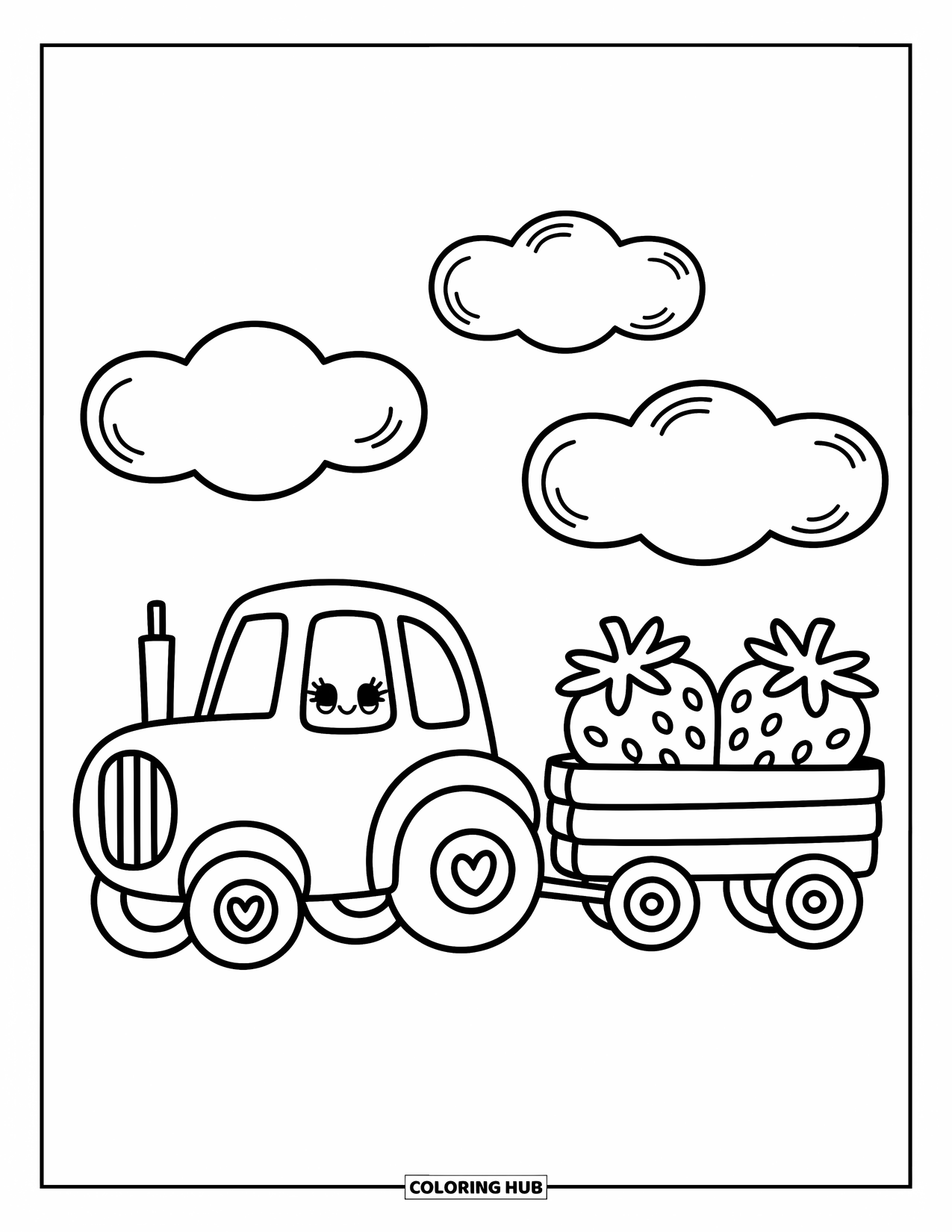 Dibujo de tractor para colorear para adultos: Un tractor feliz tira de un vagón de fresas con nubes esponjosas flotando en lo alto
