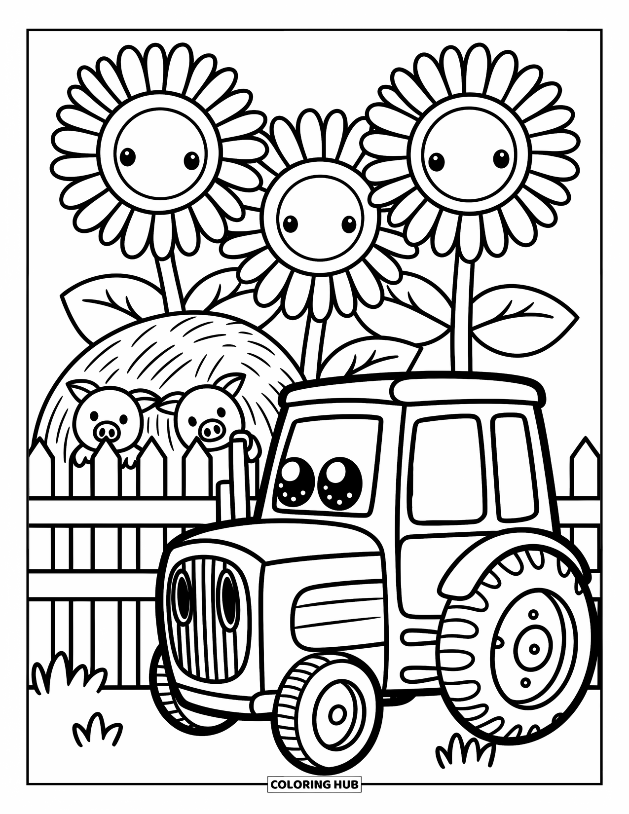 Dibujo de tractor para colorear para adultos: Un tractor feliz se sienta cerca de una cerca con lechones asomándose y girasoles detrás