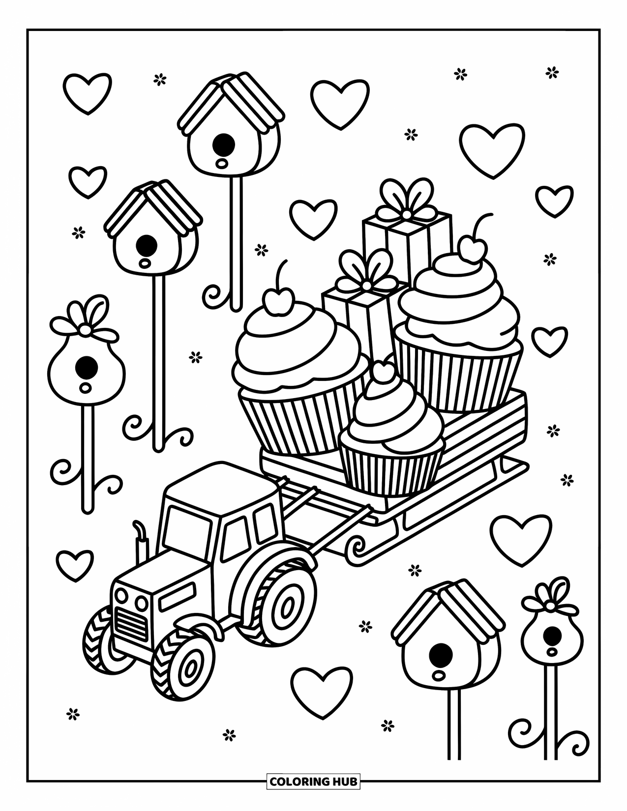 Dibujo de tractor para colorear para adultos: Un tractor kawaii tira de un trineo lleno de cupcakes, regalos, corazones y casas para pájaros
