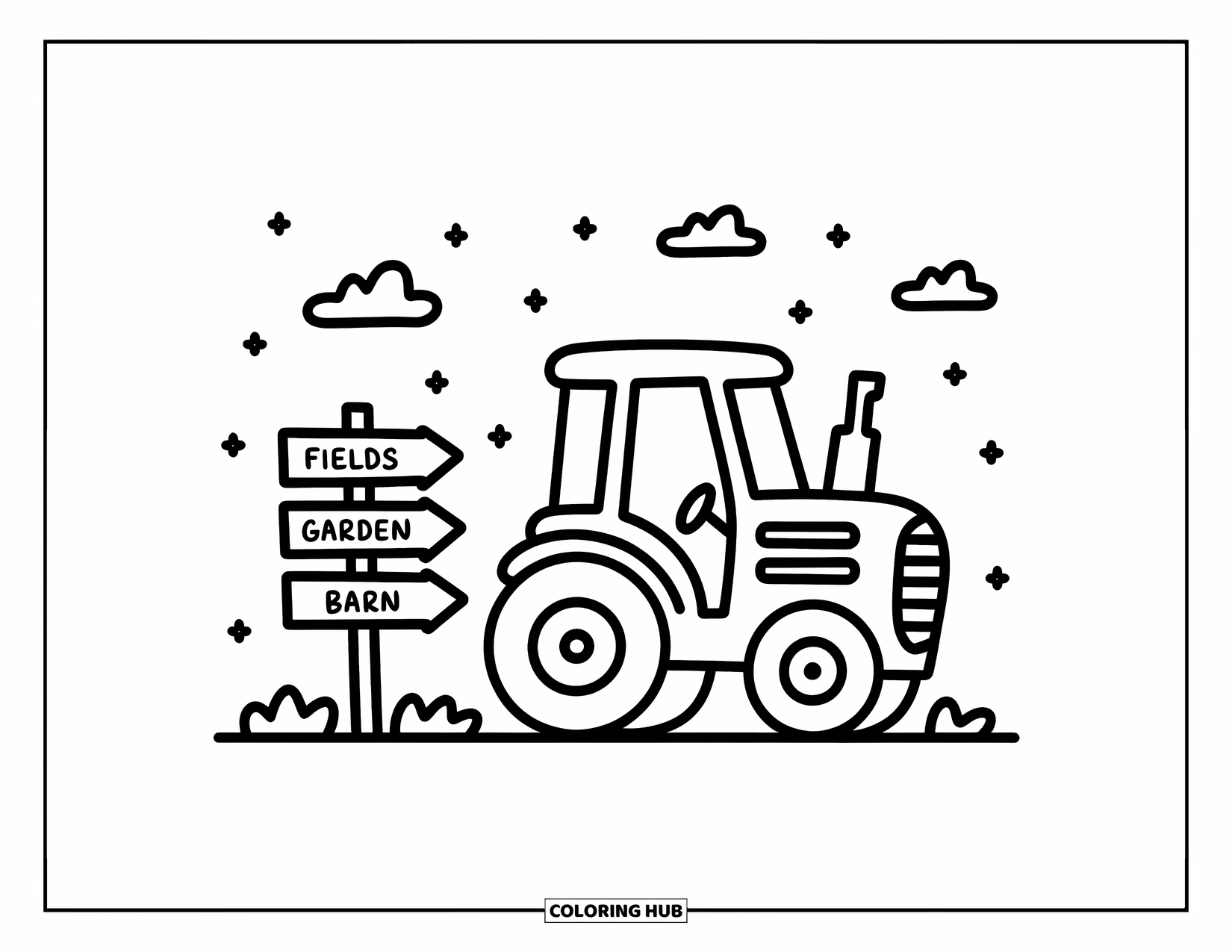 Dibujo de tractor para colorear para adultos: Un tractor kawaii se encuentra cerca de un letrero de granja con nubes juguetonas y estrellas en el cielo