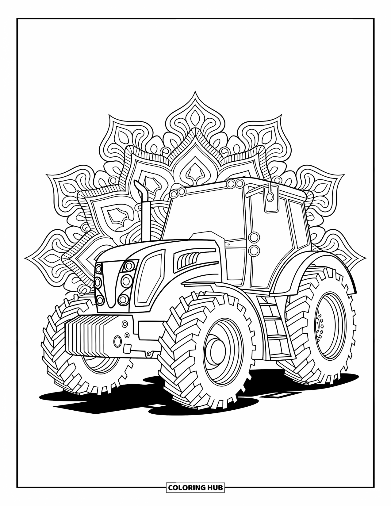 Dibujo de tractor para colorear para adultos: Un tractor moderno se alza audazmente con engranajes entrelazados y diseños ornamentales de mandala
