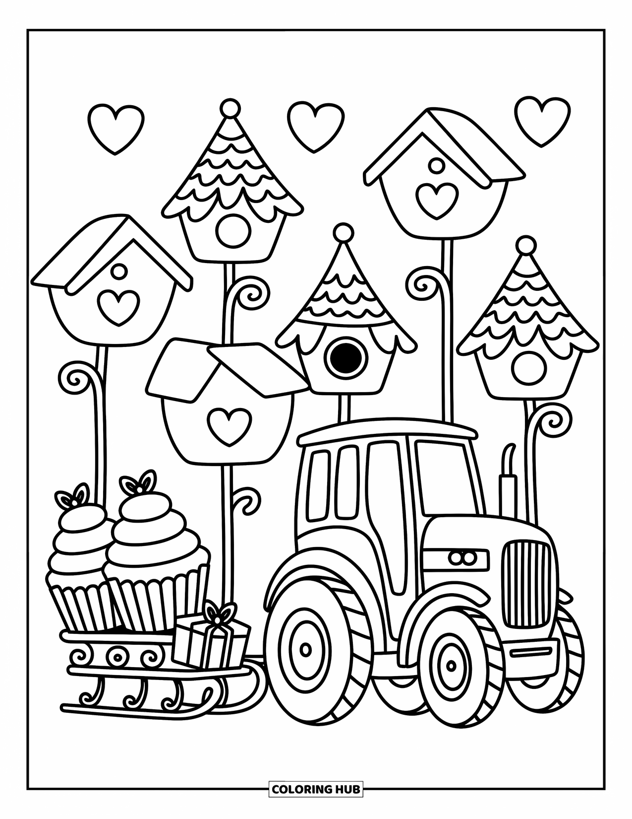Dibujo de tractor para colorear para adultos: Un tractor juguetón tira de un trineo de cupcakes gigantes rodeado de corazones y casas para pájaros